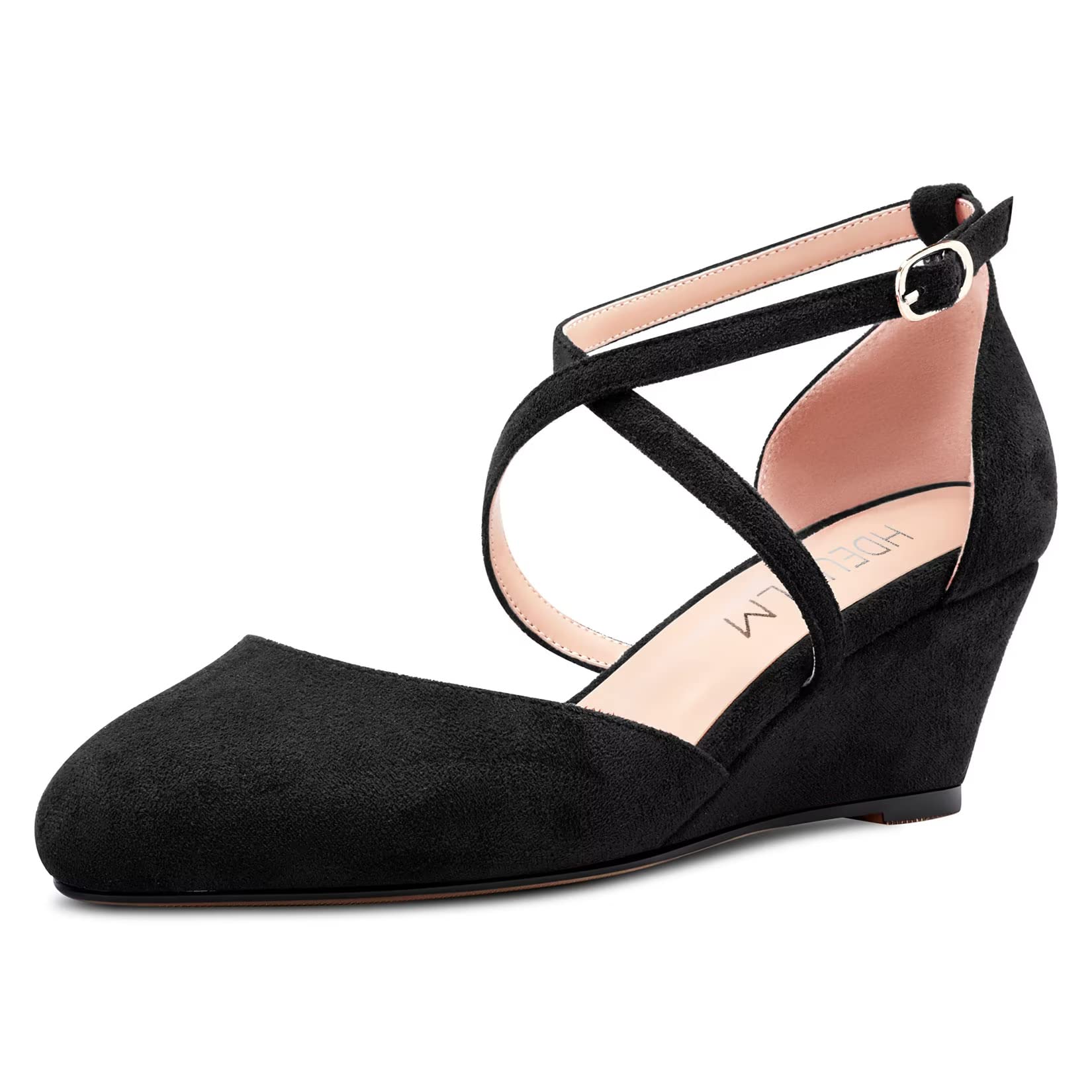 HDEUOLM Mujer Medio cuña Esparto Cerrado el Dedo del pie Redonda Punta Sandalias Correa Tobillo Correa Cruzada Cierre con Hebilla Pumps de Boda Oficina 5 CM Heels Zapatos