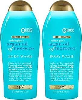 OGX Radiant Glow + Argan Oil of Morocco Extra Hydrating Body Wash for Dry Skin, Moisturizing Gel Body Cleanser for Silky Soft Skin, Paraben-Free, Sulfate-Free Surfactants, 19.5 fl oz (Pack of 2)