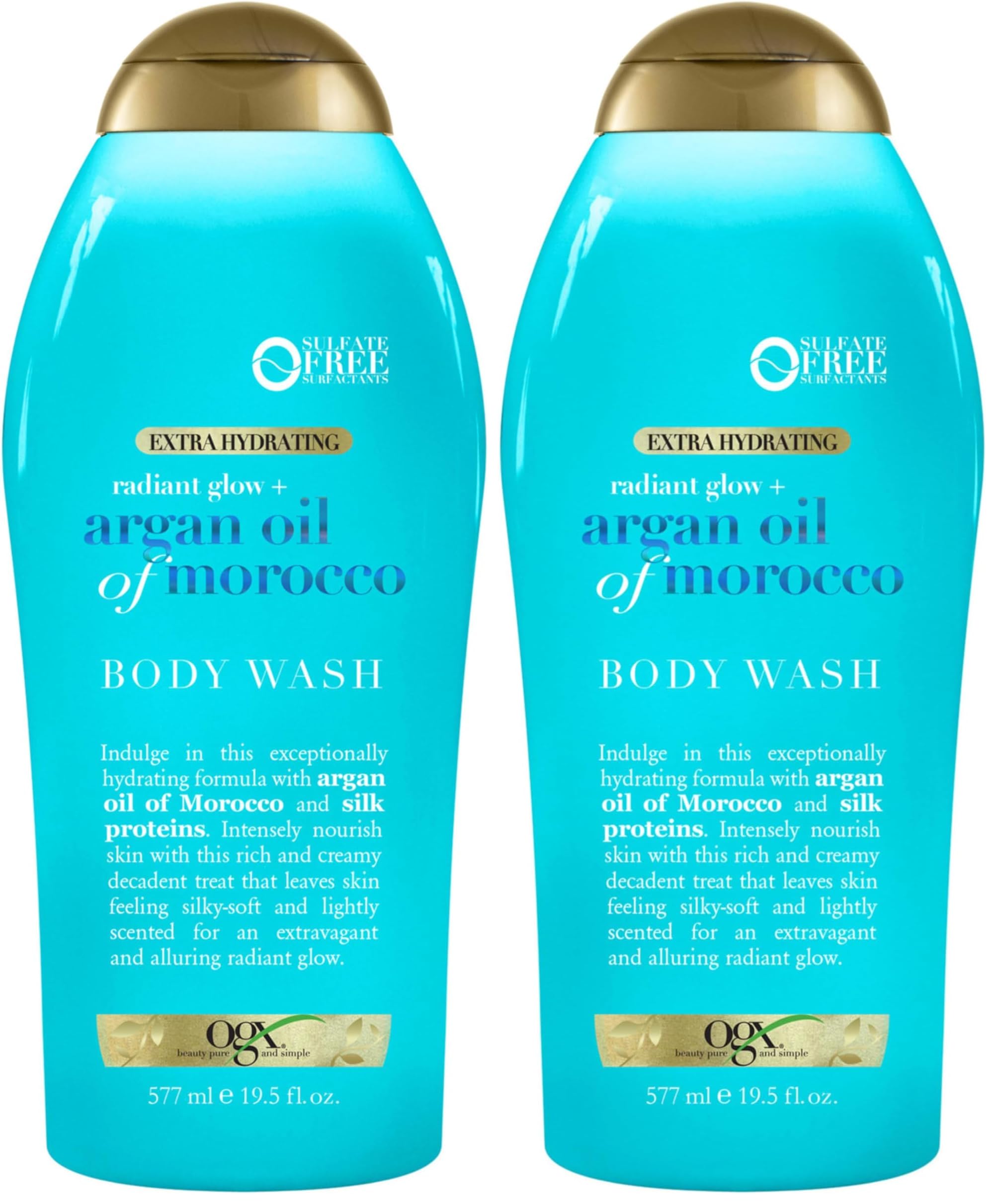 OGX Radiant Glow + Argan Oil of Morocco Extra Hydrating Body Wash for Dry Skin, Moisturizing Gel Body Cleanser for Silky Soft Skin, Paraben-Free, Sulfate-Free Surfactants, 19.5 fl oz (Pack of 2)