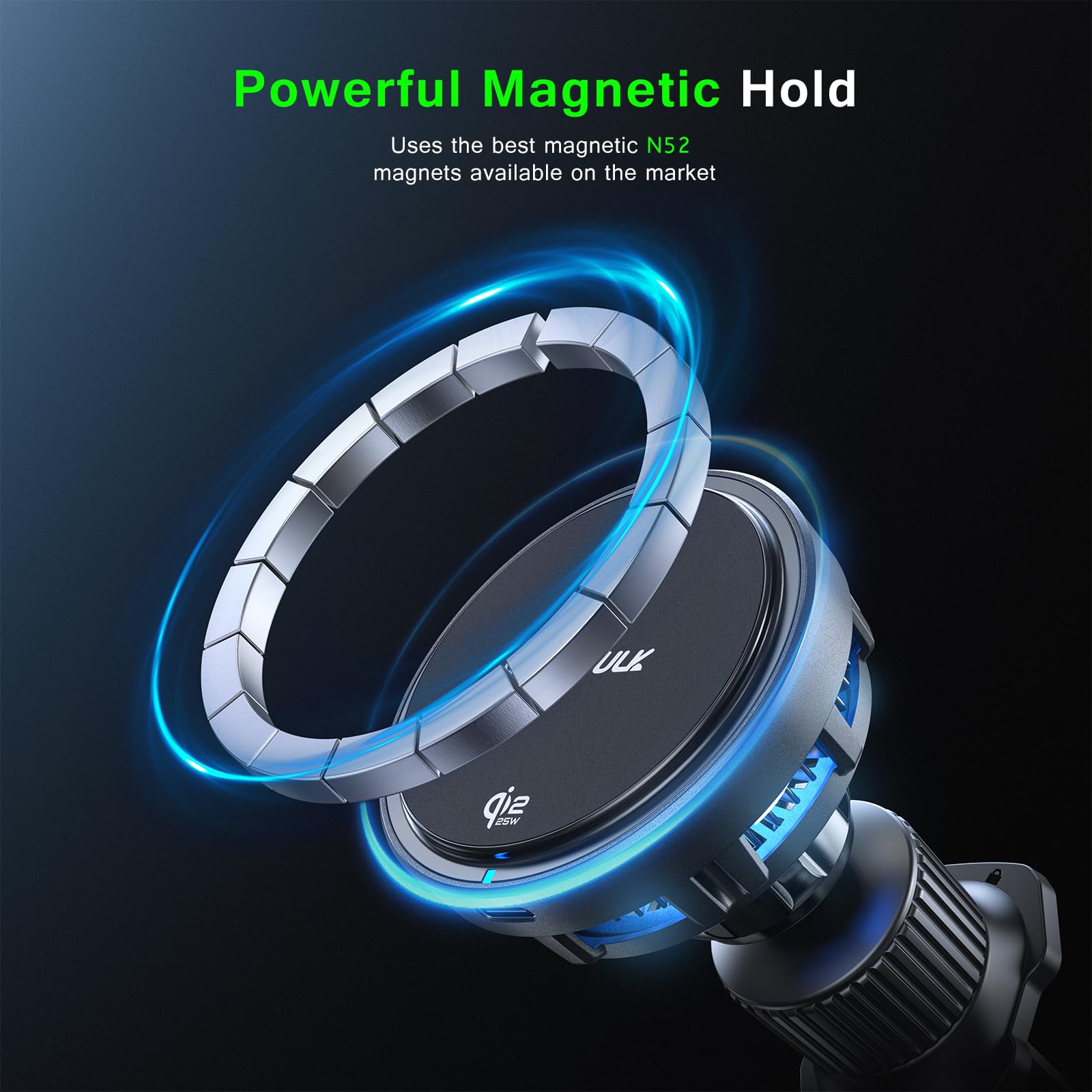 Esoulk [2026 Upgraded] Qi2 25W Fast Wireless Car Charger with Active Cooling Fan for Heat Protection, MagSafe Compatible Magnetic Air Vent Mount with Locking Clip, Phone Holder for iPhone & Android — view 6
