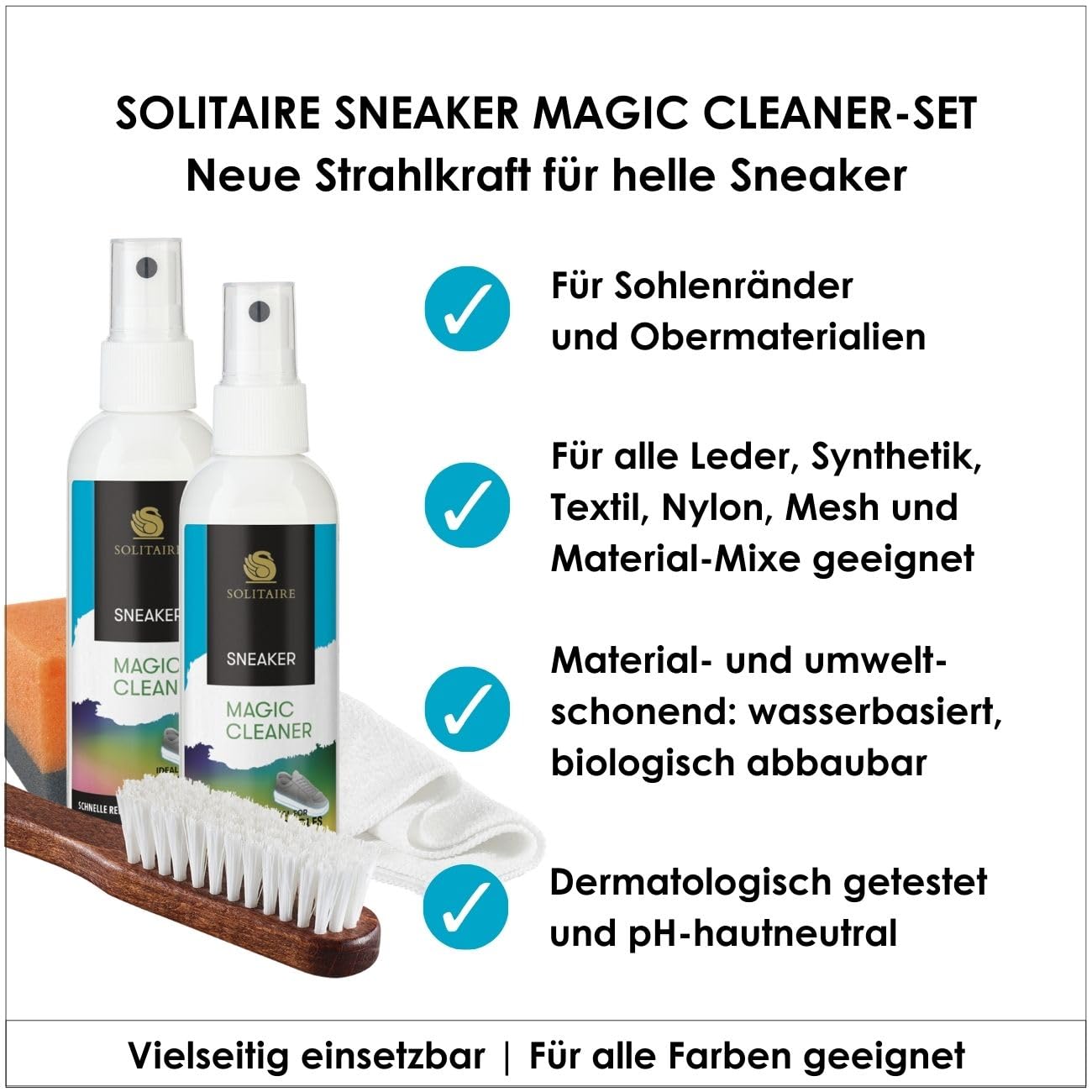 SOLITAIRE Magic Cleaner Reinigungs Set, 2x Magic Cleaner 100 ml + GRATIS Microfasertuch, Sneaker Bürste und Schwamm, Sneaker Starter Set, Schuhputzset, Made in Germany