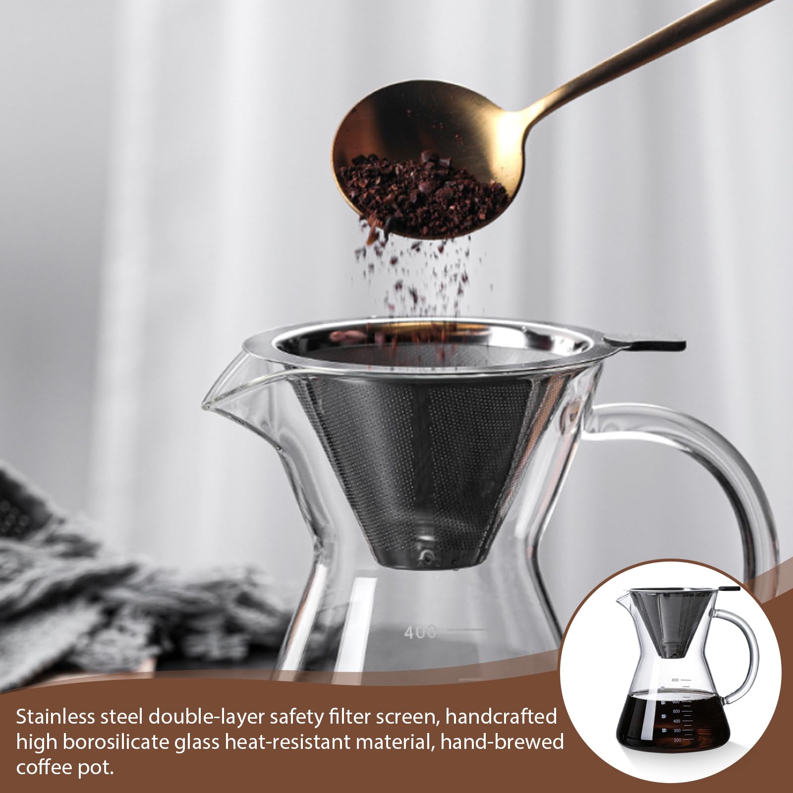 GOMETY Pour Over - Caffettiera in vetro borosilicato da 800 ml, con filtro in acciaio inox a doppio strato, con manico, in vetro per un piacere aromatico