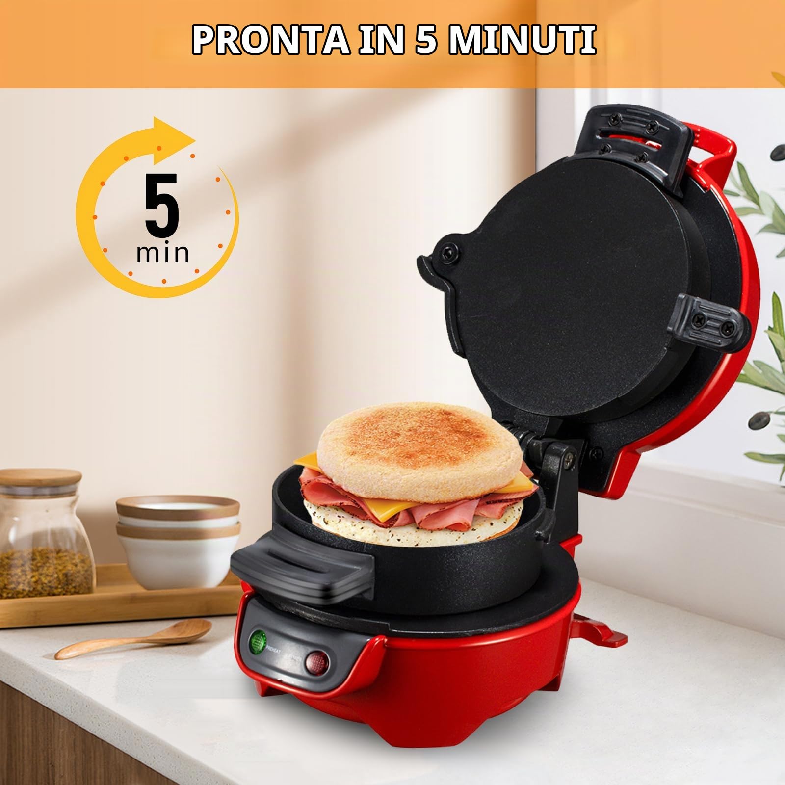 Tostapane Sandwich/Hamburger Maker, Tostapane con anello | omelette, 600 W Burger Maker con rivestimento antiaderente, Macchina Per Panini Per la Colazione Per Hamburger, Snack (Red)