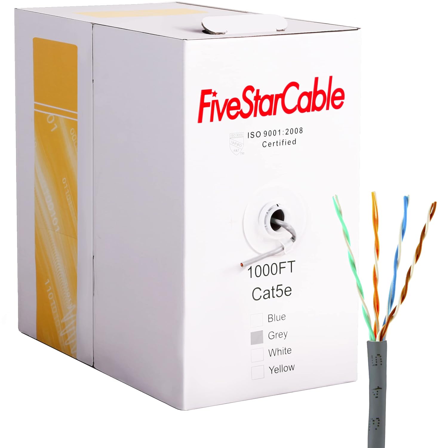 Five Star Cable Cat5e 1000 Ft 24AWG CCA UTP 4 Twisted Pair Networking Bulk Cable Pull Box- Grey Color