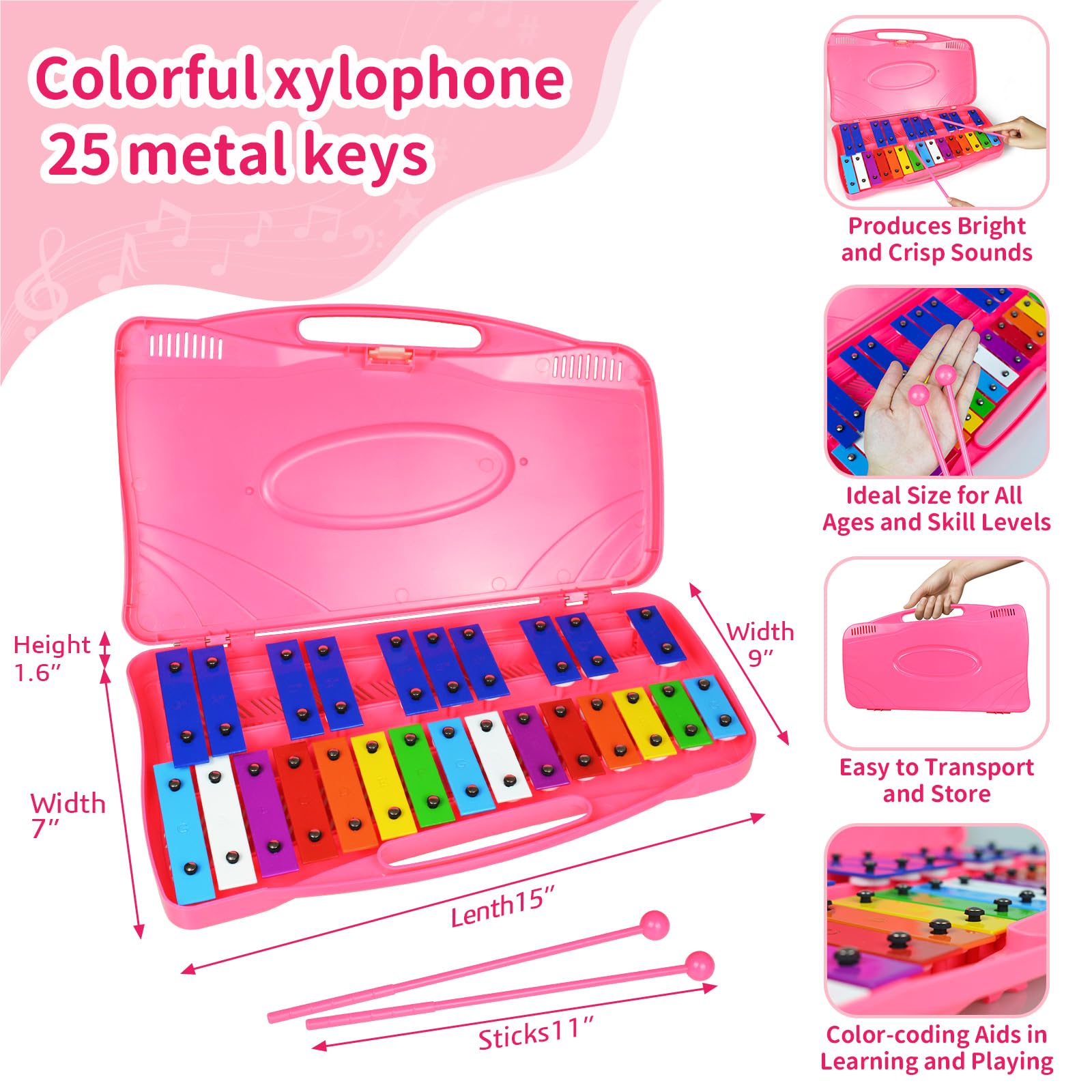 Glockenspiel - Xilófono - 25 notas coloridas teclas metálicas con mazos, instrumento musical de percusión, enseñanza de música educativa para principiantes, rosa