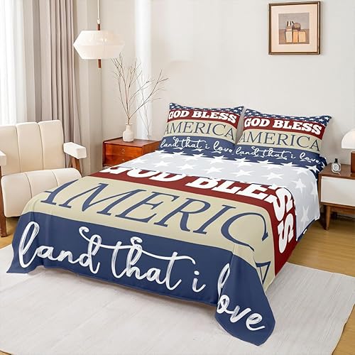 Miniatura 3 de jejeloiu Juego de sábanas de microfibra para el Día de la Independencia del 4 de julio, tamaño King, con diseño de bandera estadounidense y bolsillo