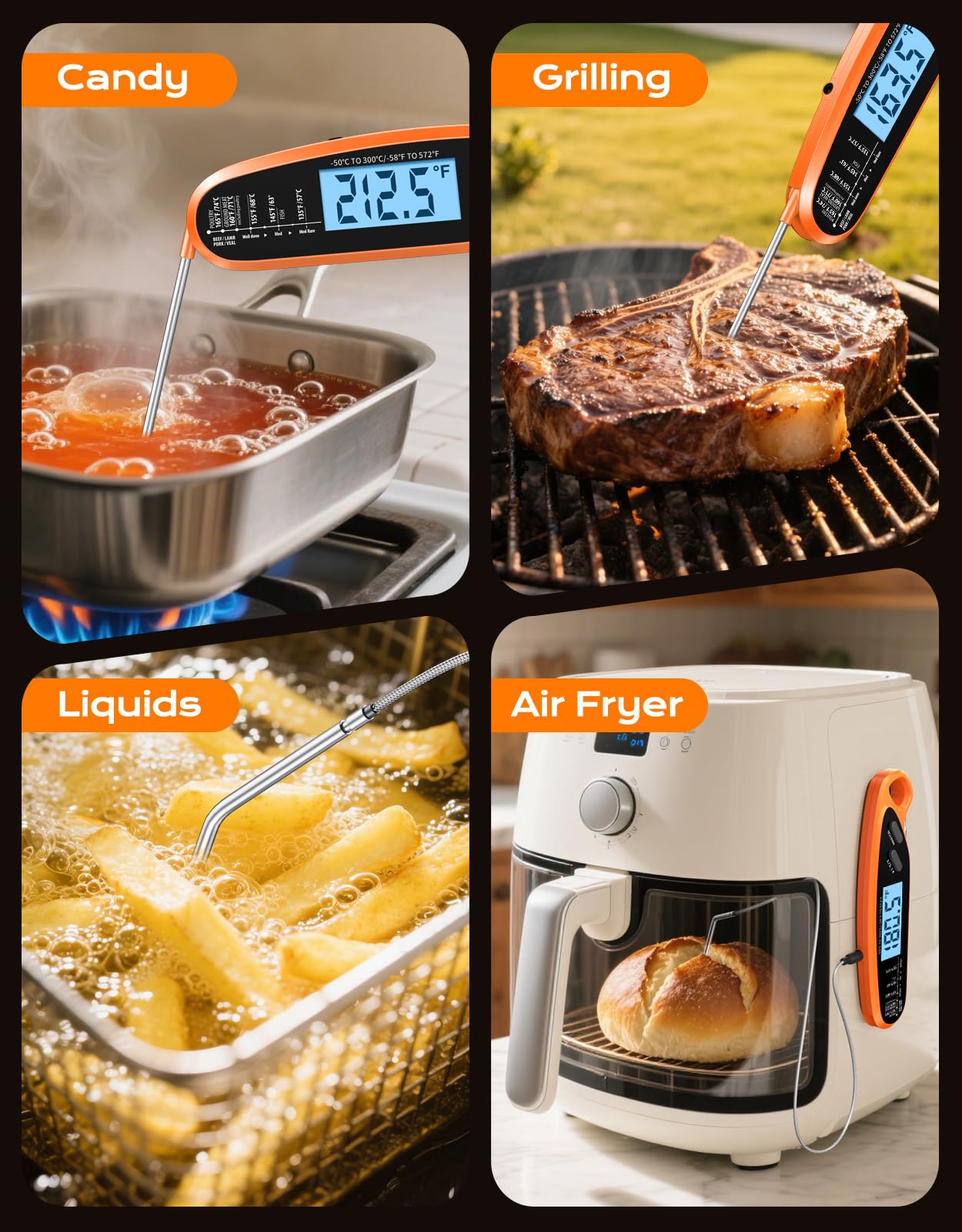 Digitales Fleischthermometer zum Kochen mit Doppelsonde, großer Hintergrundbeleuchtung & Kalibrierung, sofortiges Ablesen von Lebensmittelthermometern für Süßigkeiten, Ofen, Grill, BBQ, Smoker