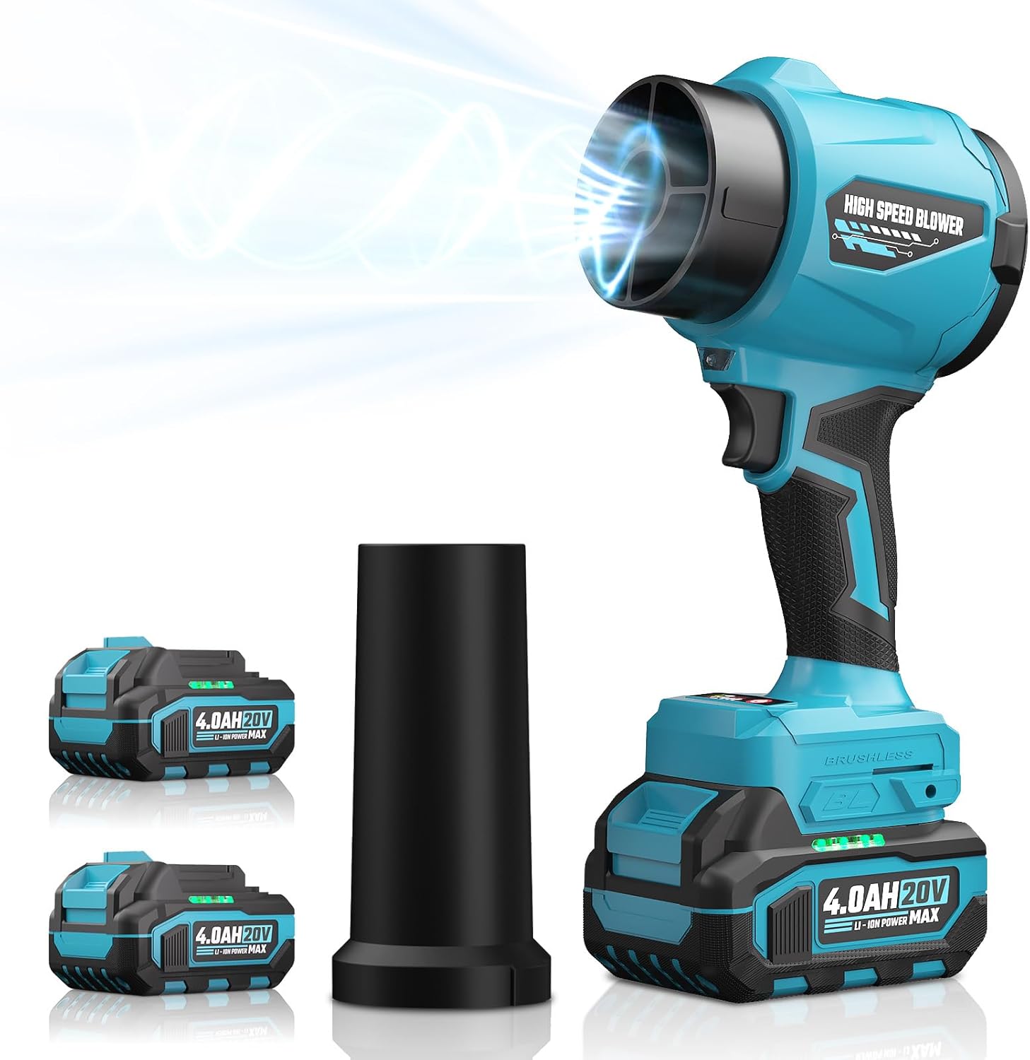 Leaf Blower with 2 X 4.0Ah Battery and Charger, 20V Cordless Blower for Lawn Care, & House Cleaning, 980,000 RPM Jet Blower, Extended Nozzle & Earbuds Included, Yellow