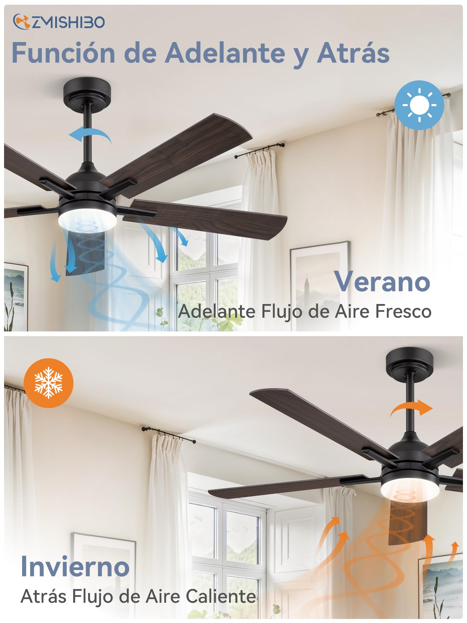 ZMISHIBO Ventilador de Techo con Luz, Ø132 cm, Motor DC Eficiente, 6 Velocidades, 3 Temperaturas de Color (3000K, 4000K, 6000K), Diseño Moderno, Control Remoto, Ahorro Energético