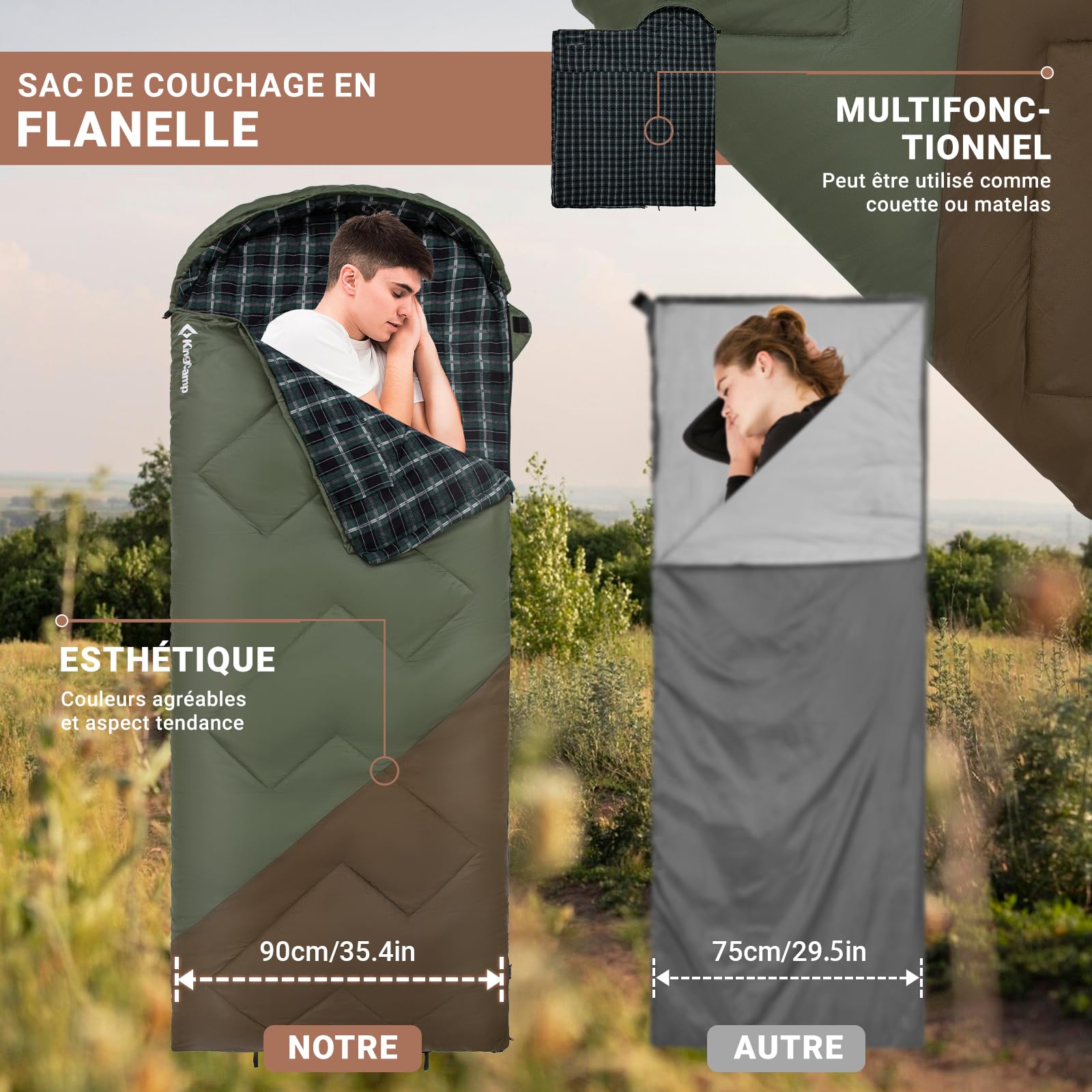 KingCamp Saco de Dormir Adulto XXL de Franela de Algodón, 230 x 90 cm, Cálido, para 3 o 4 Sstaciones, para Acampar y Viajes, con Capucha y Saco de Compresión.