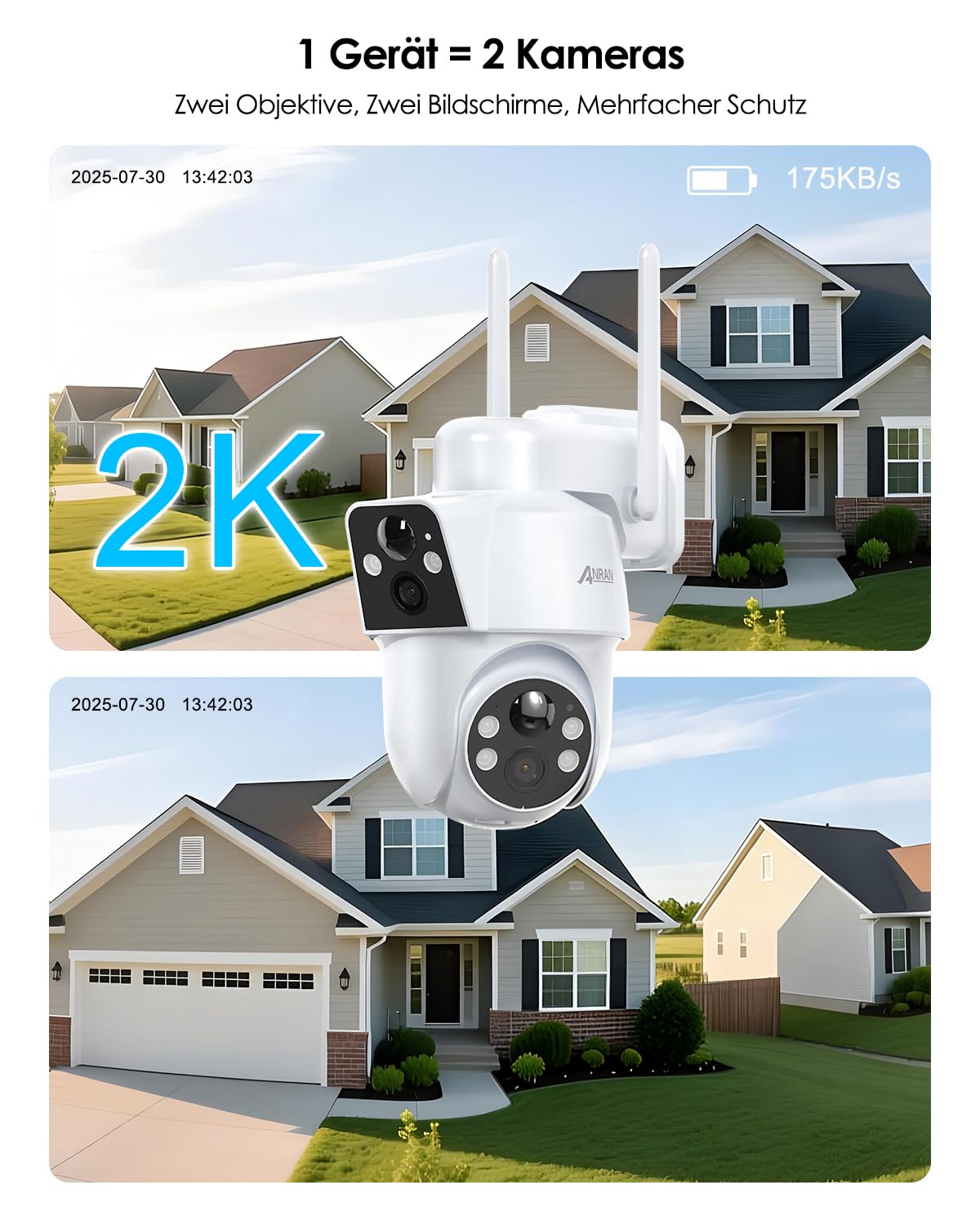 ANRAN 2MP+2MP Dual-Lens Überwachungskamera Aussen Sola WIFI6,180°/360°PTZ