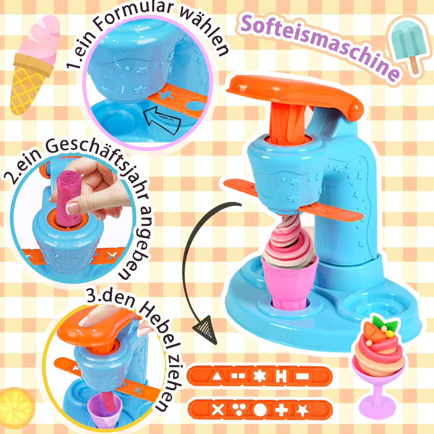 VBACALA 3-in-1 Knete Set Kinder 51 Stück, Knetmaschine für Eiscreme, Nudeln & Burger, mit 12 Dosen Knetmasse, Knetspielzeug mit Formen & Zubehör, Kreatives Geschenk für Kinder ab 3 Jahren