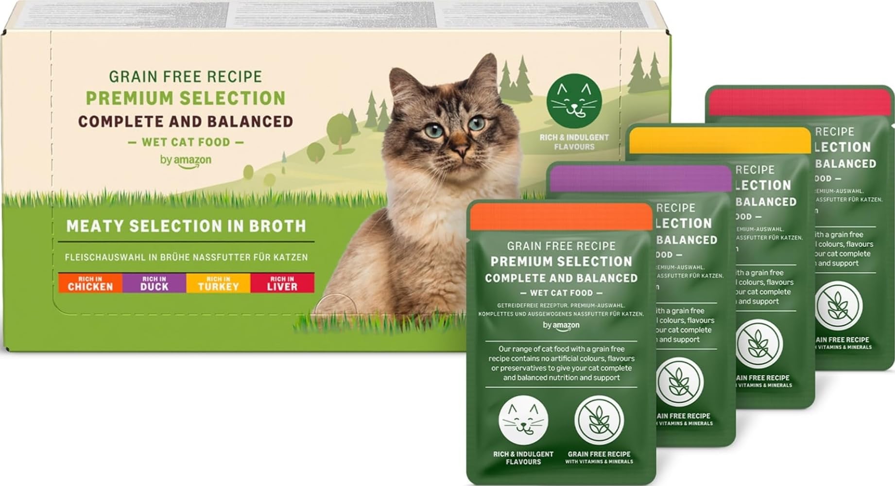 by Amazon Comida húmeda para Gatos Adultos sin Cereales Selección de Carne en Caldo, 4.76 kg (56 Paquetes de 85g) (Antes Lifelong)