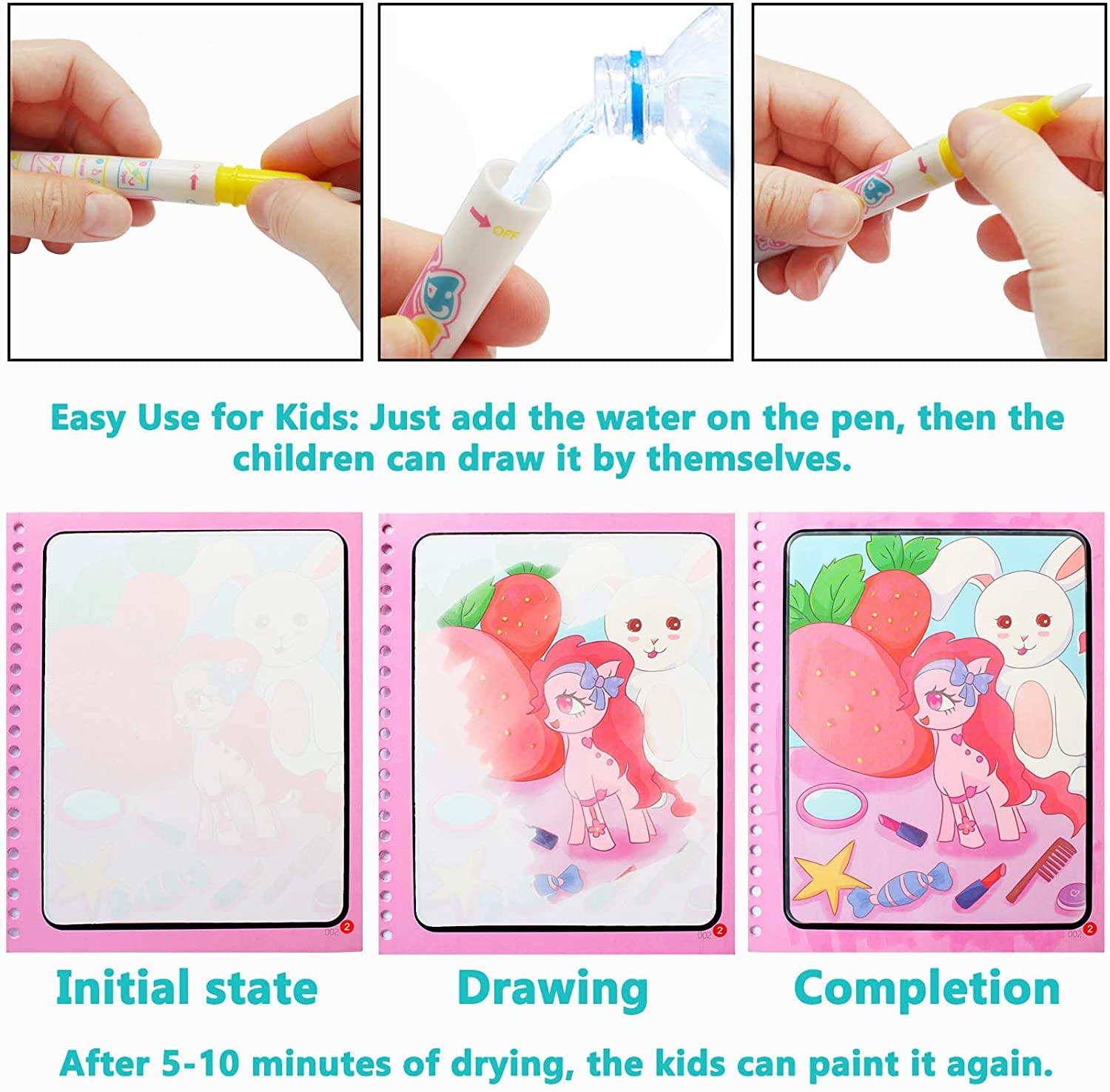 Fdit Magic Water Malbuch – Wiederverwendbar, Mit Wasser-Malstift | Für Kinder Ab 3 Jahren, 15,5x19 Cm
