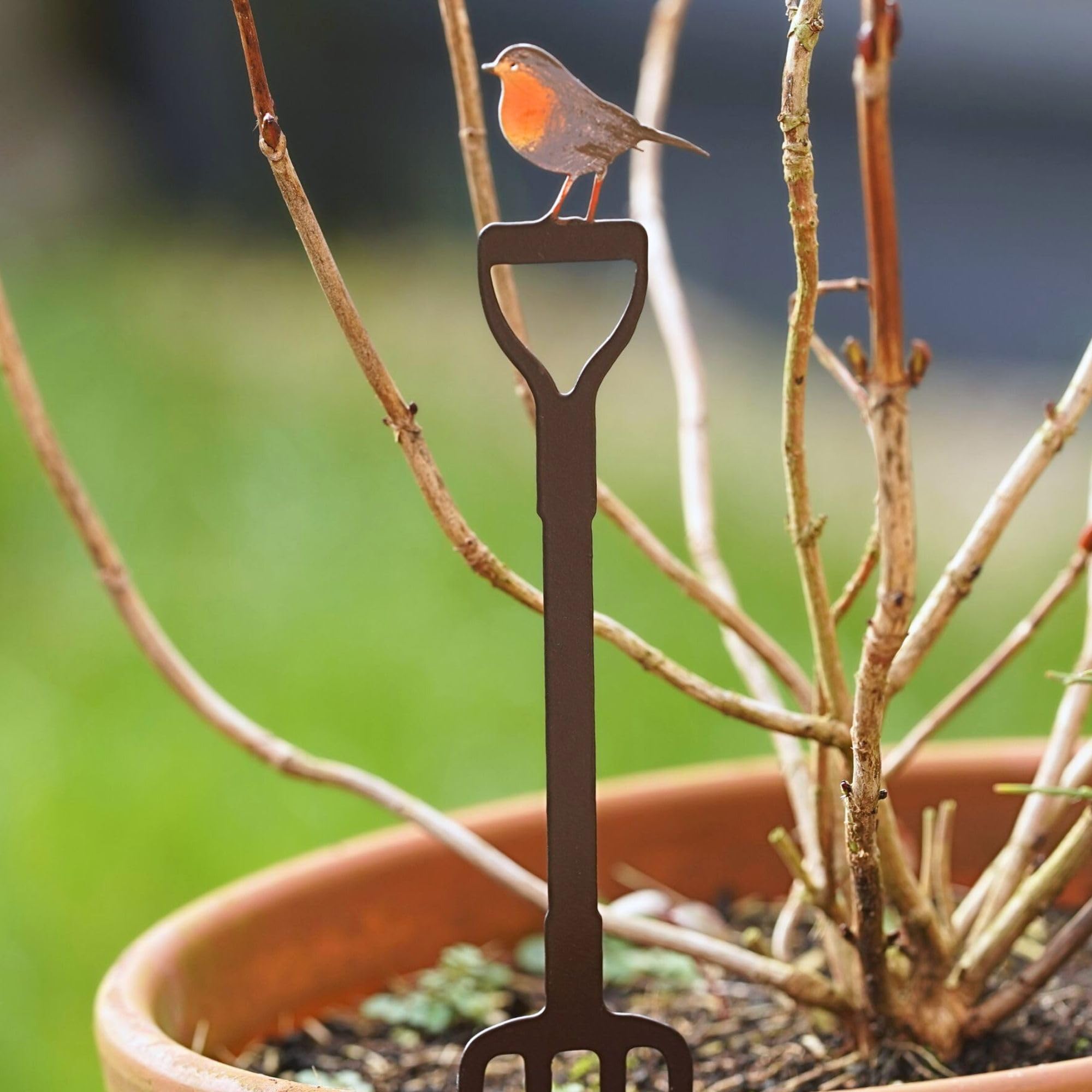 78cm Large Robin on Fork Metal Garden Stake Outdoor Sculpture Statue Robins