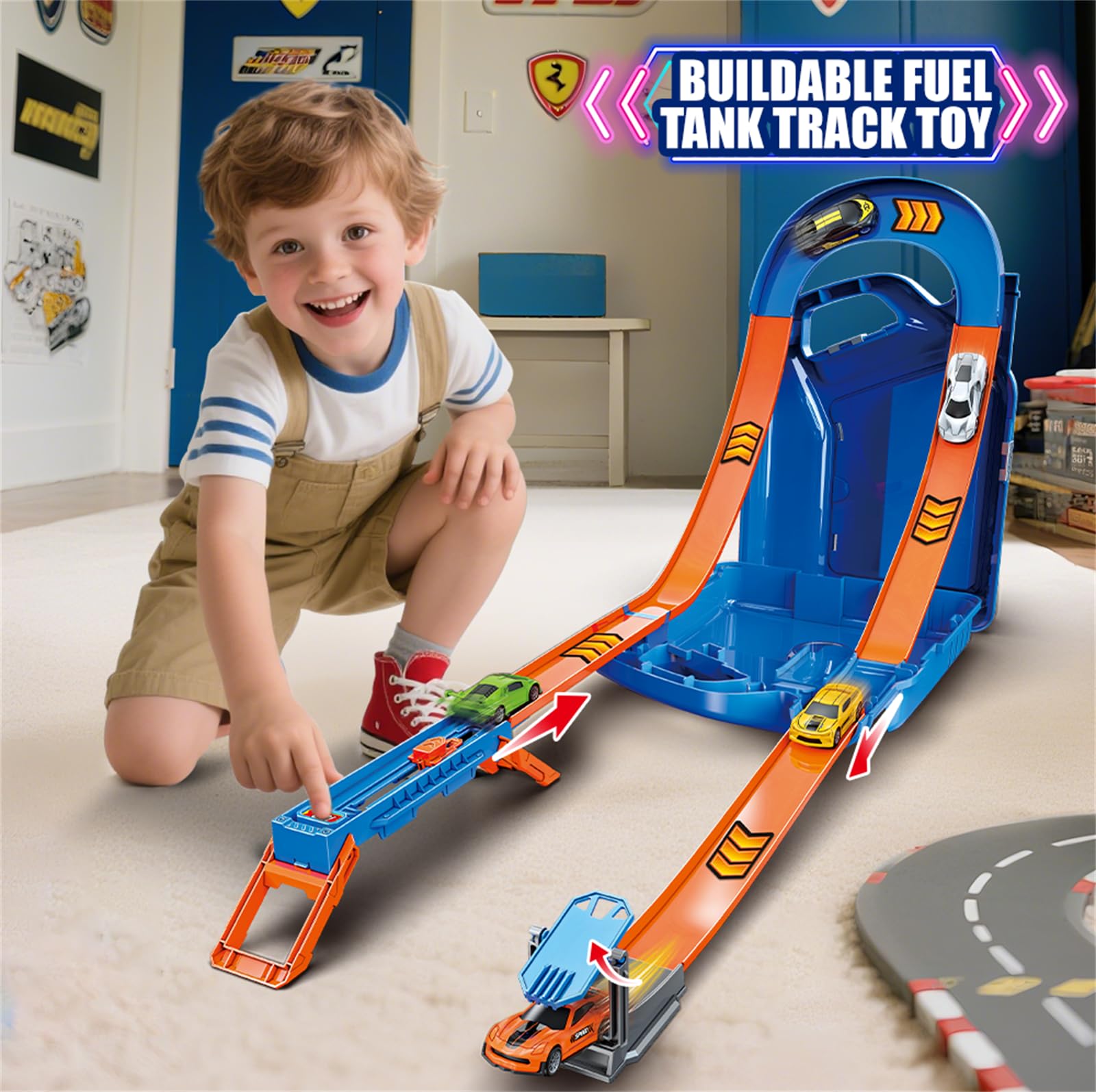 VATOS Rennauto Spielzeug Kraftstofftank Rennstrecke für Kinder, 2-in-1 Modus Autorennbahn mit 6 Spielzeugautos, Aufbewahrungs-Stuntbox Strecke Spielzeug Geschenk für Jungen ab 3 4 5 6 Jahren