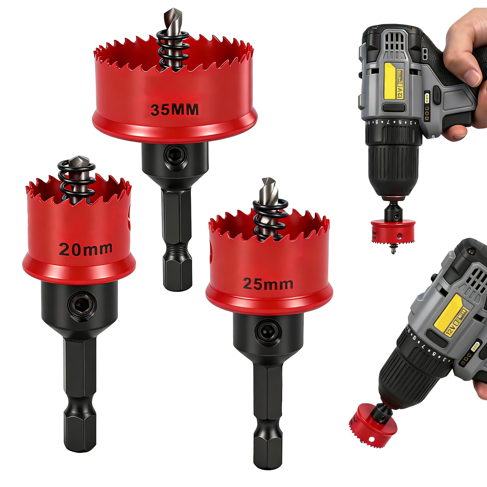 3 Pcs Bi-Metal Hole Saw Sets 20 25 35mm M42 Bimetal Circular Hole Drill Kit Hex Shank Holesaw Kit for Wood Metal Copper Plaster PVC Steel Plate Drywall