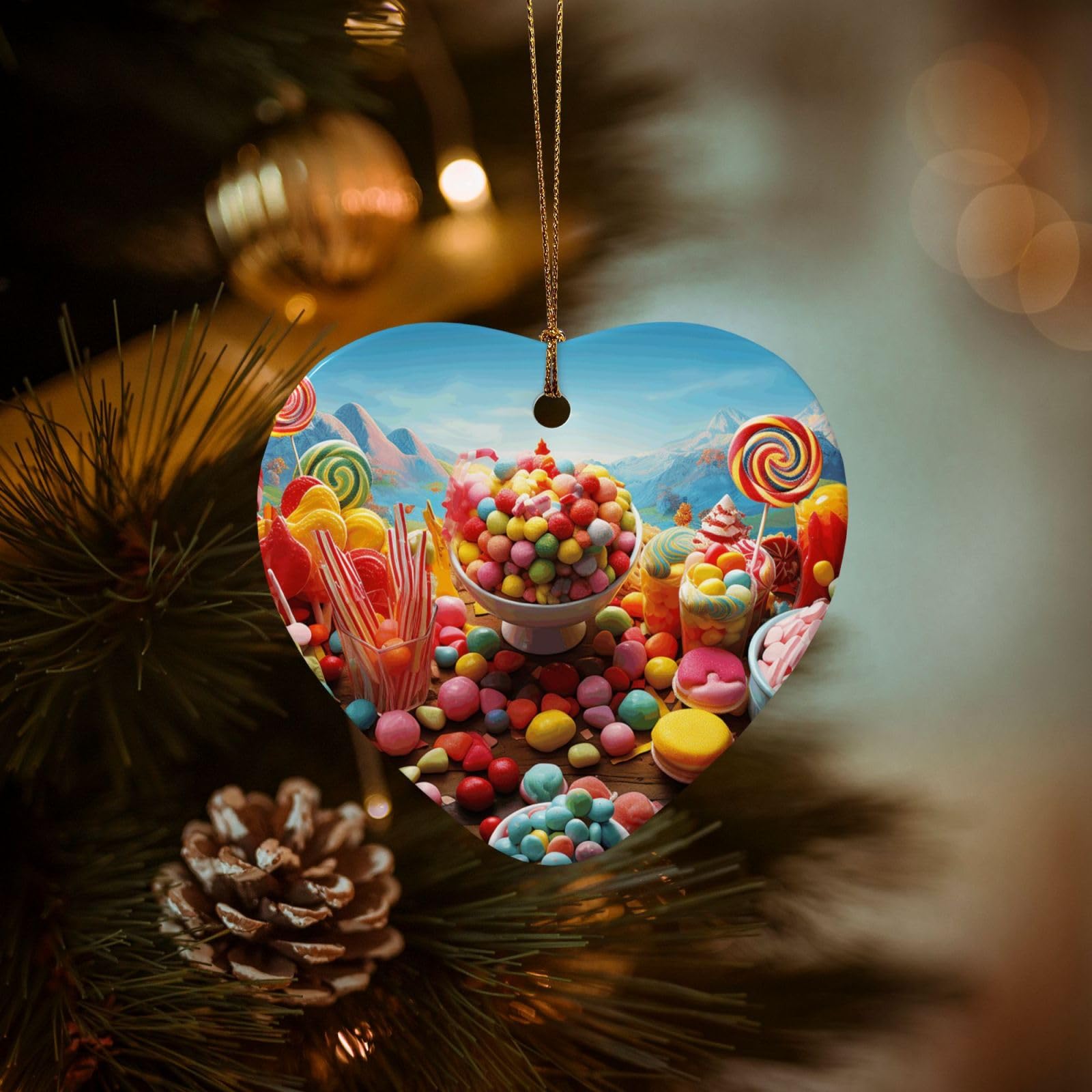 Christmas Ornaments for Christmas Tree Decoration Hanging Candy Poster Ornament with Gold Ribbon Crafts Heart Shape Ceramic Pendant for Keepsake Gifts Xmas Decor Party Supplies