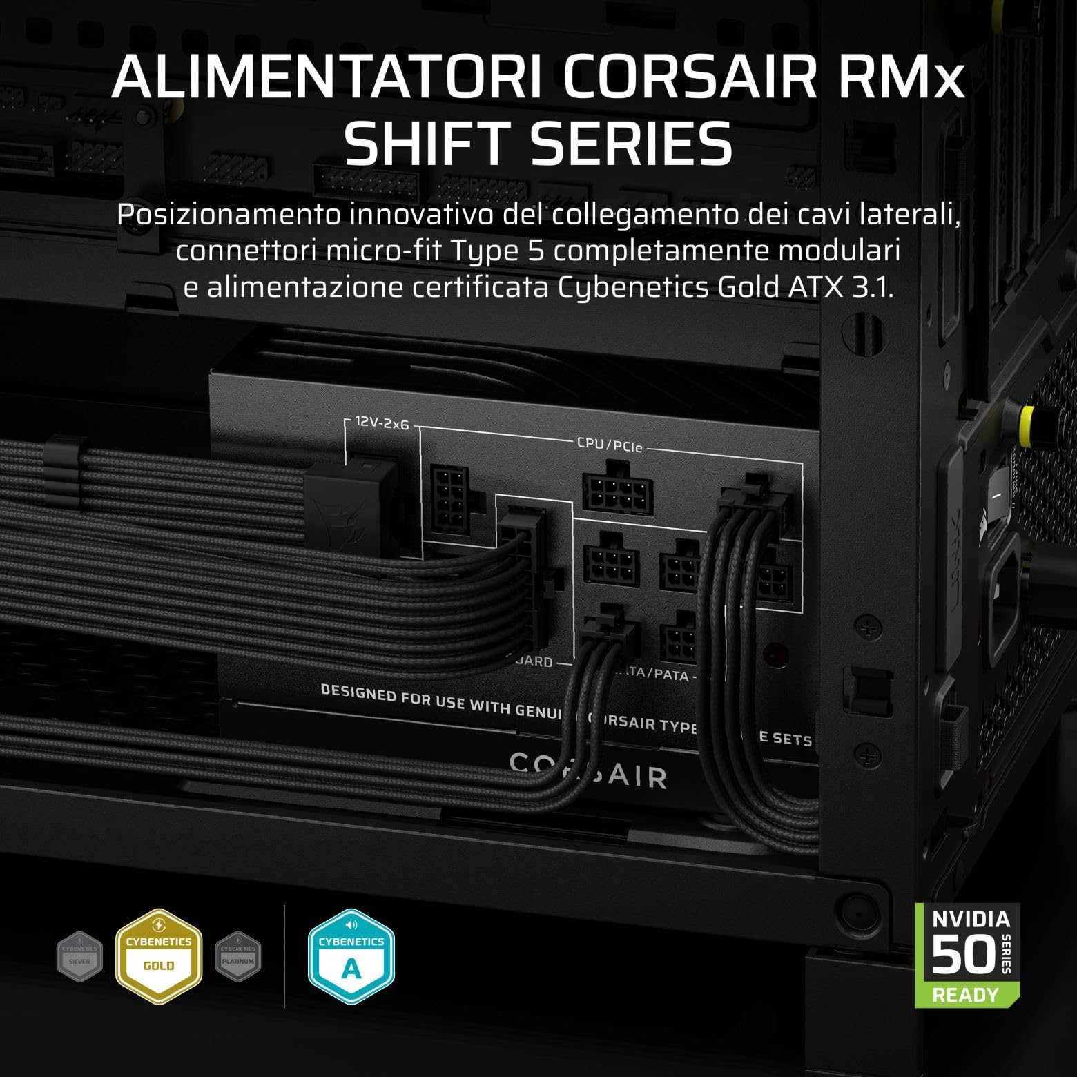 CORSAIR RM1000x SHIFT (2025) Alimentatore ATX Completamente Modulare - Interfaccia Laterale Modulare, Cavo Nativo 12V-2x6, ATX 3.1 e PCIe 5.1, Condensatori a 105°C, Cybenetics Gold - Nero