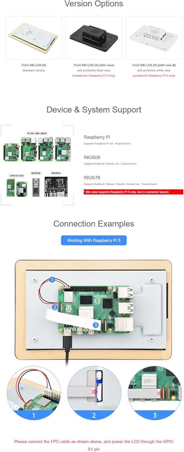 7inch DSI Capacitive Touch IPS Panel Display1280×720 Pixels, Optical Bonding Toughened Glass Panel, Anti-Fingerprint Process, with White Protection Case @XYGStudy (7inch DSI LCD (H) (with case B))