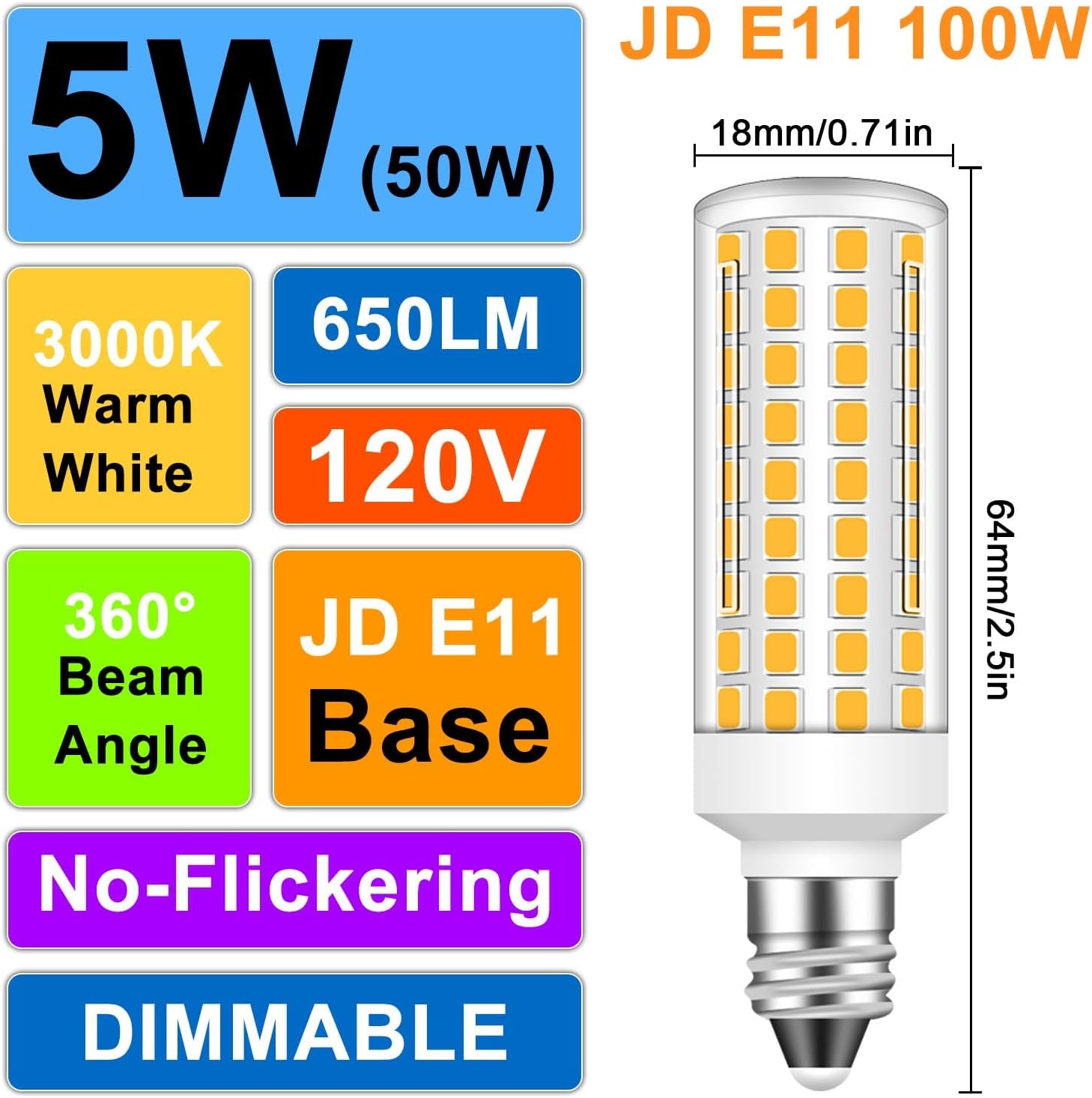 JDE11 Led Bulbs, 120V 50W Halogen Equivalent Dimmable,T3 T4 Mini Base JD E11 Bulb, 3000K Warm White 5W 650lm E11 for Chandeliers, Candelabra, Ceiling Fan, Cabinet Lighting, 5-Pack
