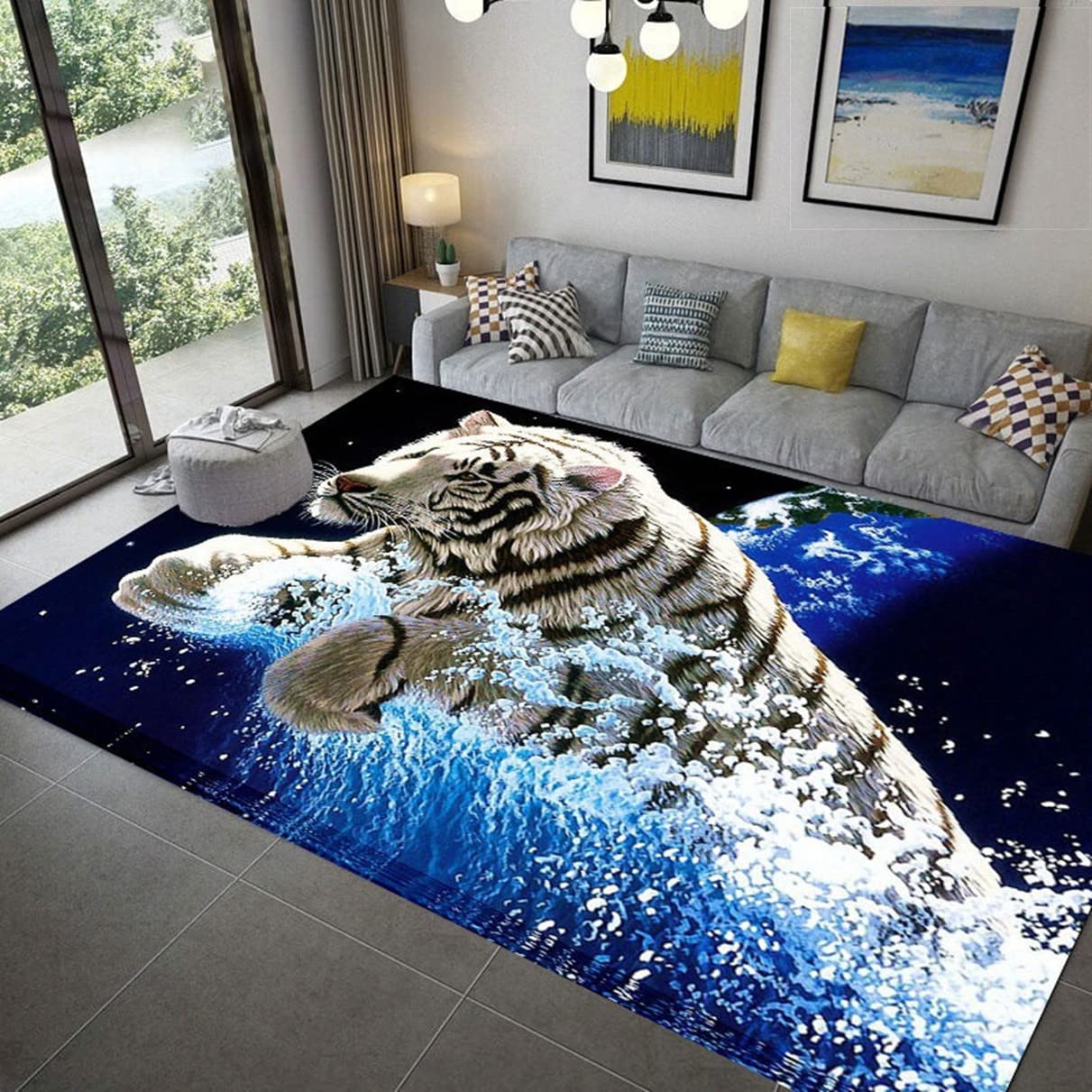3D Weißer Tiger Delfin Rose Muster Moderner Wohnzimmer Schlafzimmer Dekor Teppich Weicher Flanell Kinderzimmer Spielteppich Küche Korridor Nachttisch Matte Fußmatte (Blau,140x200 cm)