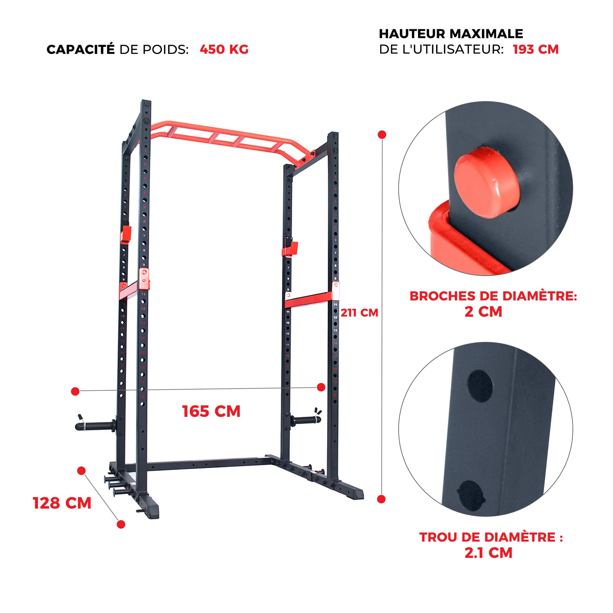 Sunny Health & Fitness Power Zone – Cage de Musculation Power Rack, Capacité de Charge 455 kg, Barres de Sécurité, Barre de Traction Inclinée, Crochets en J, Goupilles pour Bandes de Résistance