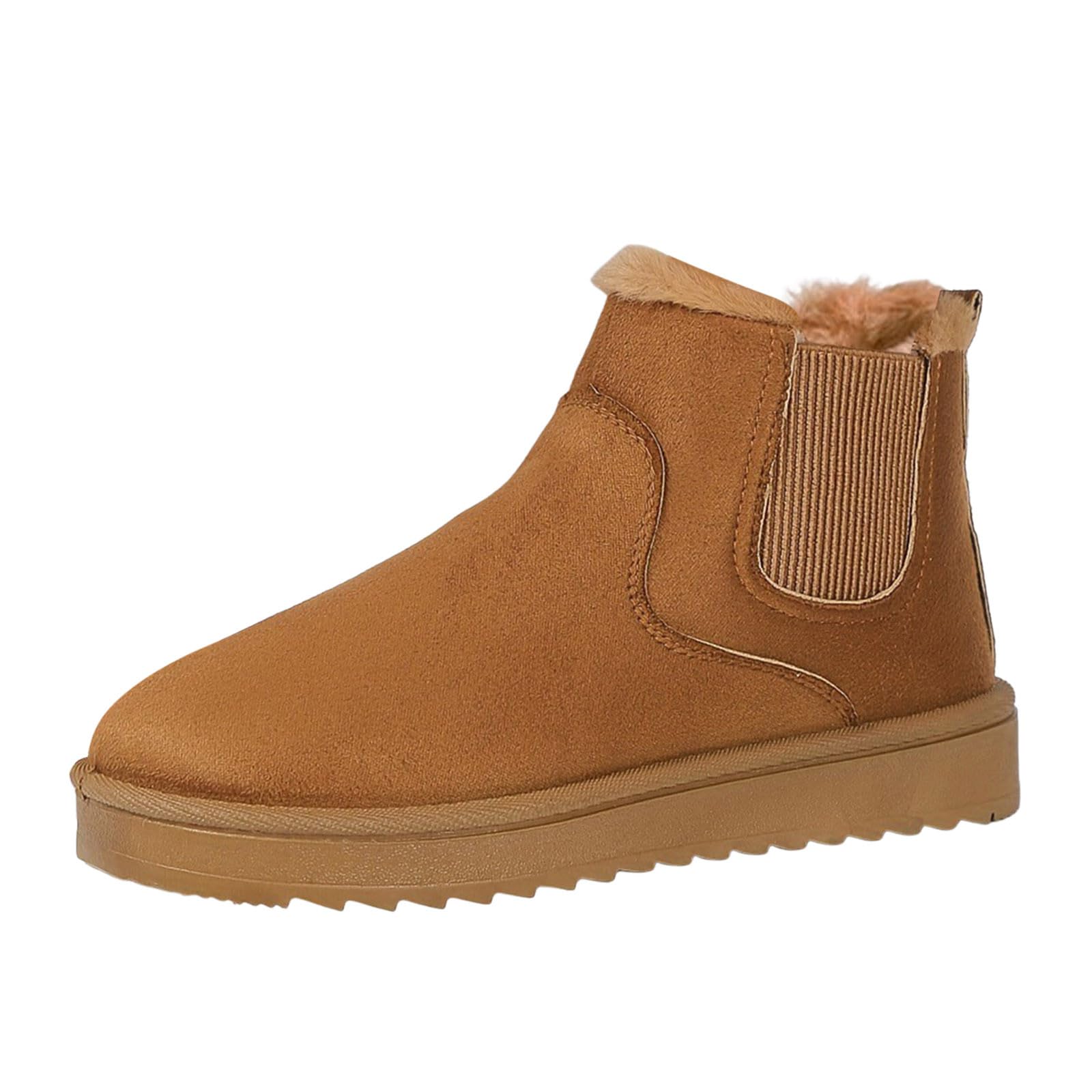 Brown Boots Women Platform Ankle Elastic Fur Lined Rubber Sole Non Slip Shoes Lightweight Comfortable Walking Winter Booties
