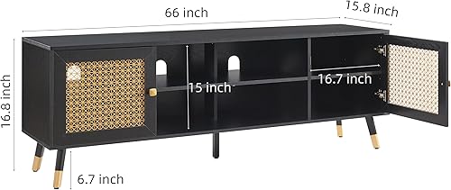 Miniatura 10 de JYED DECOR Soporte de TV de madera de mediados de siglo con estantería abierta y 2 gabinetes para televisores de hasta 65 pulgadas (nogal oscuro)