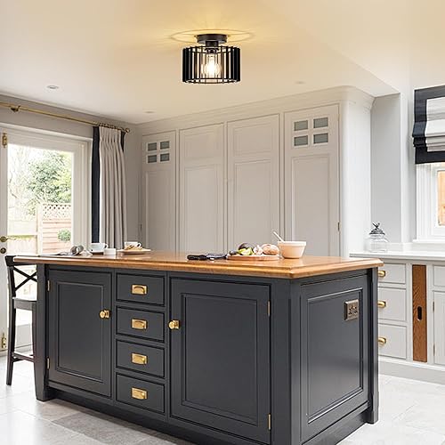 Miniatura 8 de Lámpara de techo industrial de hierro negro con jaula de hierro empotrado, 9 pulgadas de diámetro, lámparas de techo modernas para pasillos,