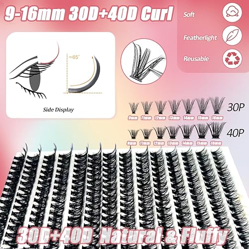 Miniatura 3 de Kit de extensión de pestañas para bricolaje con 280 unidades de 0.315 a 0.630 pulgadas de longitud 30D+40D rizos, racimos de pestañas individuales y