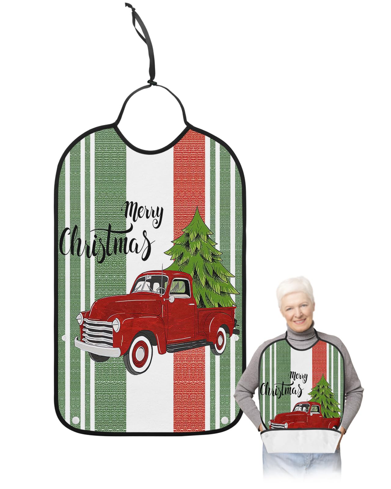 Christmas Adult Bibs for Eating, Waterproof Bibs with Food Catcher & Adjustable Snap Closure, Green Red Striped Winter Xmas Tree Truck Washable Clothing Protectors Adult Bibs for Elderly Women/Men