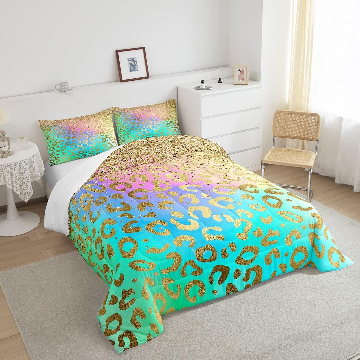 Feelyou Golden Leopard Comforter Set Glitter Pattern Bedding Set Wild Animal Print Comforter Rainbow Quilted Duvet Set for Kids Boys Girls Microfiber Twin(No Glitter)