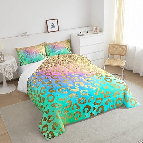 Miniatura 4 de Feelyou Juego de edredón de leopardo dorado con purpurina, juego de ropa de cama con estampado de animales salvajes, juego de edredón acolchado de