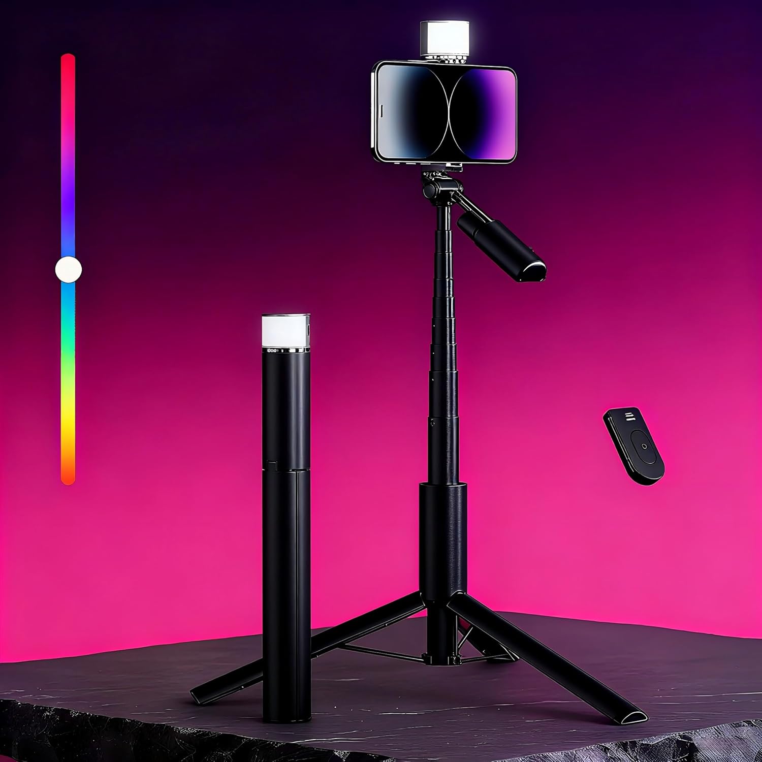 BOMIDI 50'' Phone Tripod with Remote, Tripod for iPhone, 6 in 1 Selfie Stick with Light & Holder, Extendable Cell Phone Stand for Video Recording (Black)