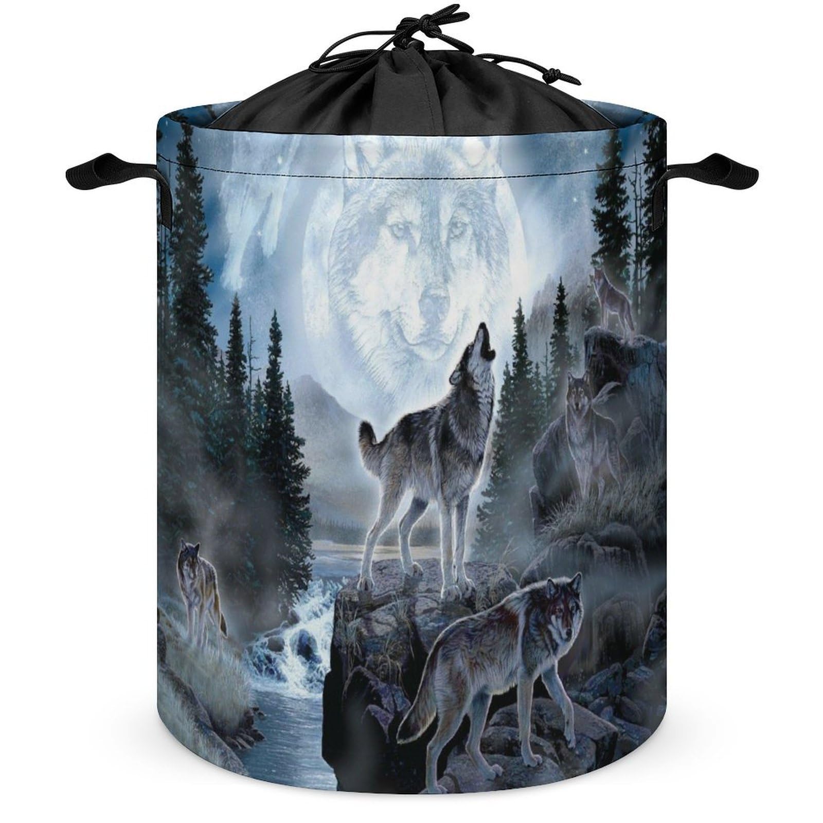 Qjjinxior Drawstring Laundry Hamper, Moon Wolf Laundry Basket, Washing Basket with Handle