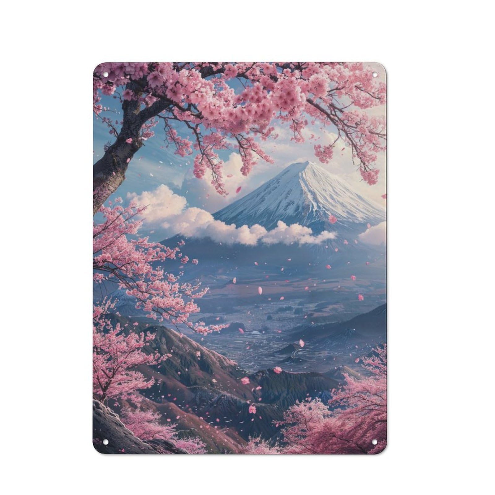 Junmoney Japan Mount Fuji Sakura V2 Rustic Metal Sign 40X30cm For Hallway Wall, For Collectors Of Rustic Metal Wall Decor