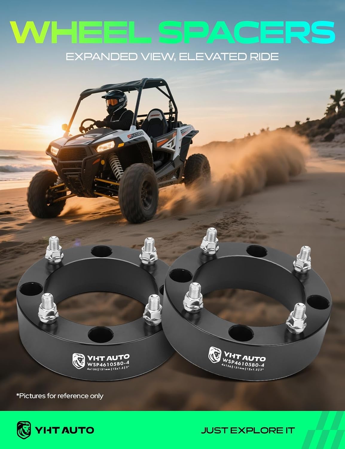 YHTAUTO 4x156 mm ATV Wheel Spacers 2 Inch Fits Polaris Ranger, RZR, RZR XP 1000, Forged Tire Spacers 2 Inch with M12x1.5 Studs 131 mm Center Bore, Not Hubcentric, 4PCS, Black