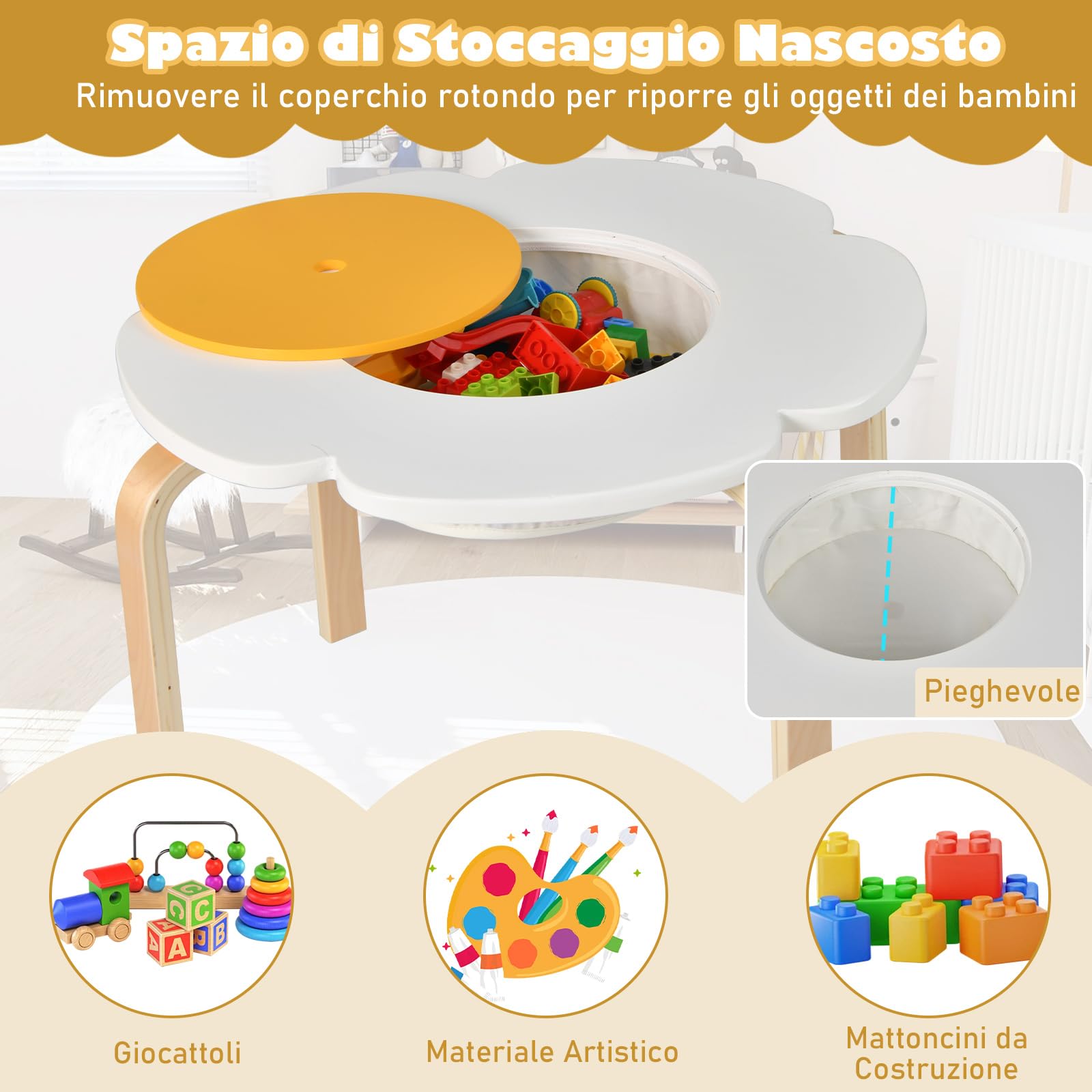 RELAX4LIFE Set Tavolo e Sedie per Bambini 5 Pezzi, Tavolo Attività in Legno a Forma di Fiore con 2 Sedie e 2 Sgabelli
