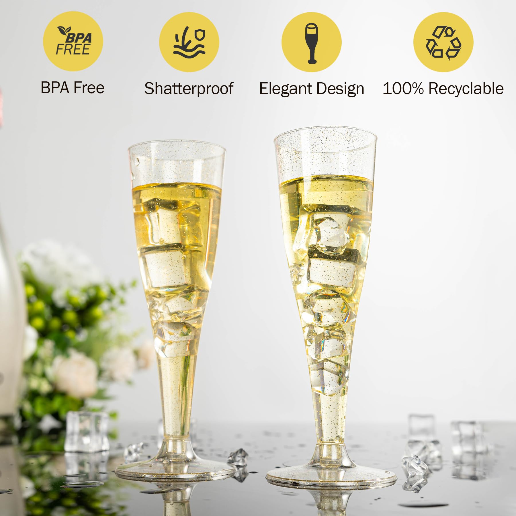 Snapklik.com : Plastic Champagne Flutes - 50 Count 4.5 Oz Gold Glitter ...