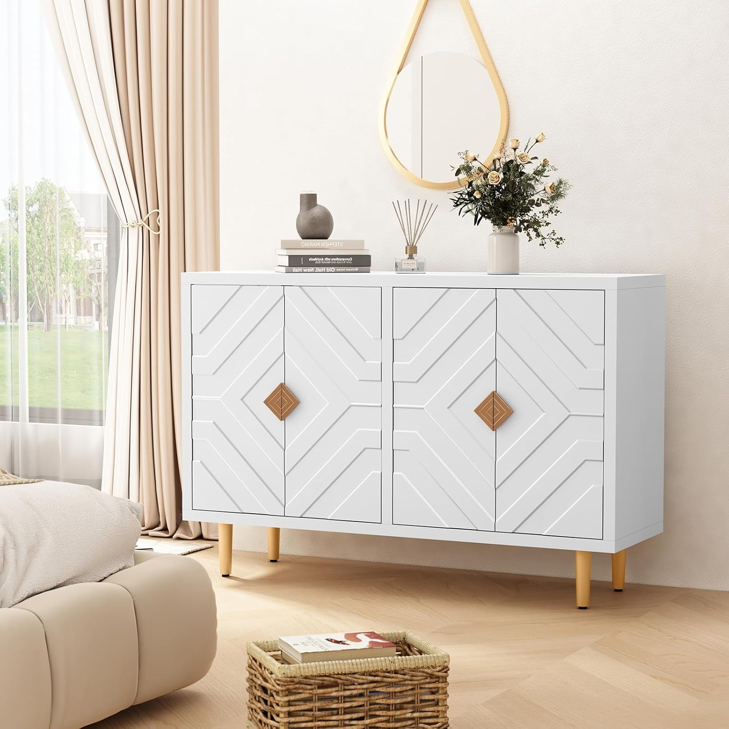 HOLTICO Sideboard with 4 Doors and Shelves, Buffet Table Storage Cabinet Morden Kitchen Cupboard for Kitchen, Living Room, Dining Room, Hallway,White 7 717glvpl ML. AC SL1500