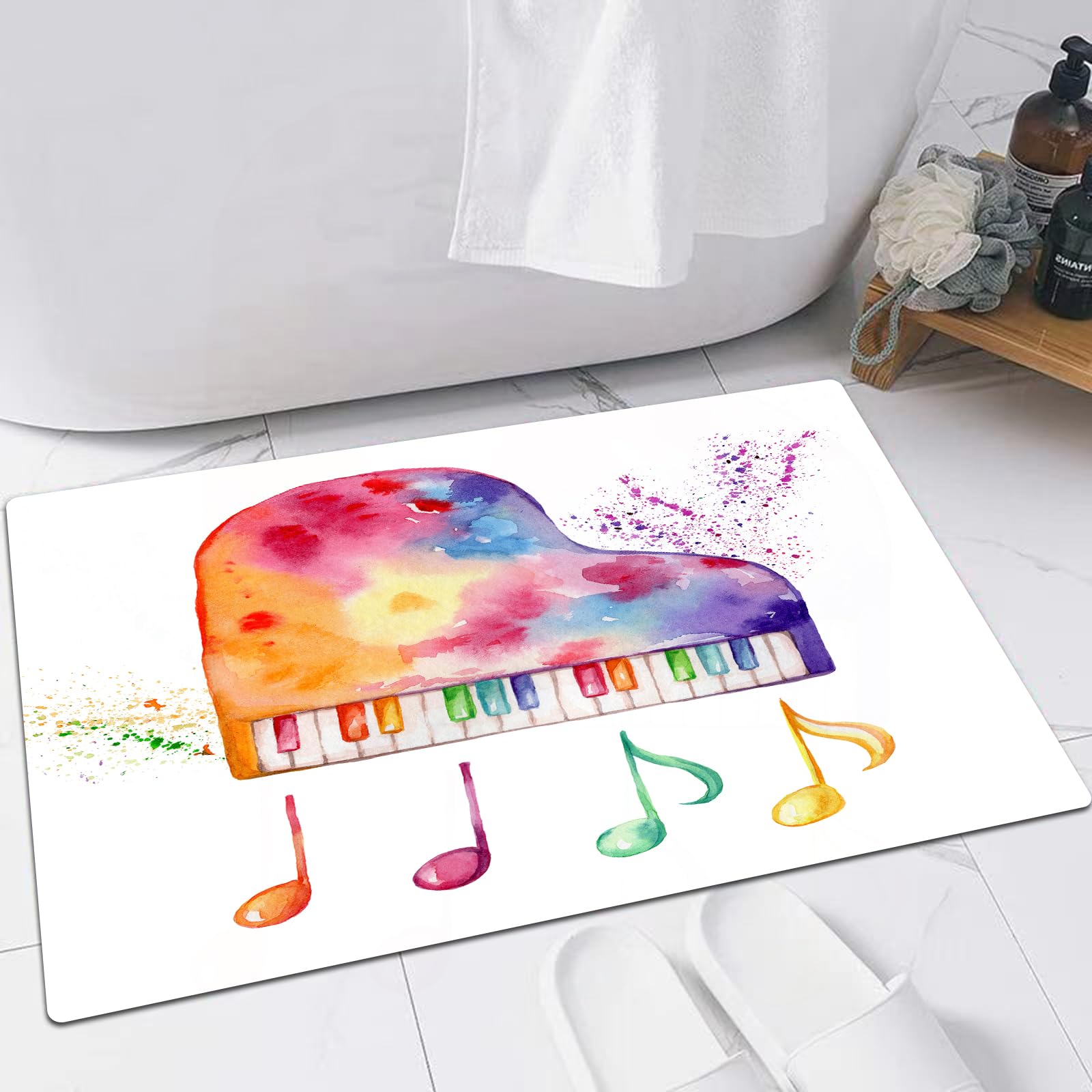 EMFSLA Bath Mat 16x24 in,Rainbow Piano and Colorful Music Notes and Watercolor Splashes,Non-Slip Bathroom Mat Machine-Washable,Ultra Soft and Water Absorbent Bath Rug for Bathroom