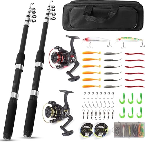 Juego combinado de caña de pescar y carrete, 2 cañas de fibra de carbono plegables de 6.89 pies con carretes giratorios, bolsa de transporte para
