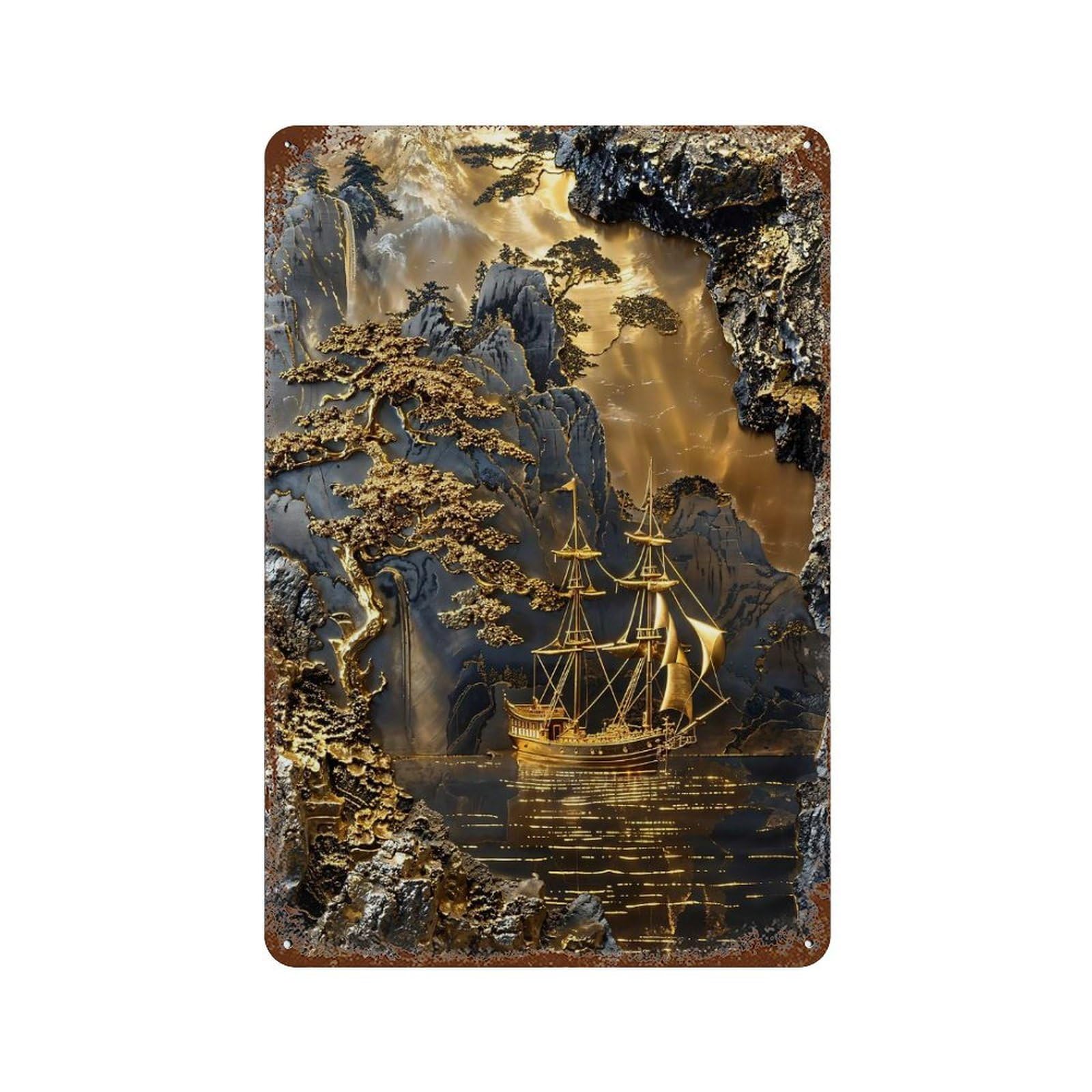 Golden Horizon Coastline Rust Effect Tin Sign 11.8"x7.9", Industrial Home Decor for Garage, Pub Or Kitchen
