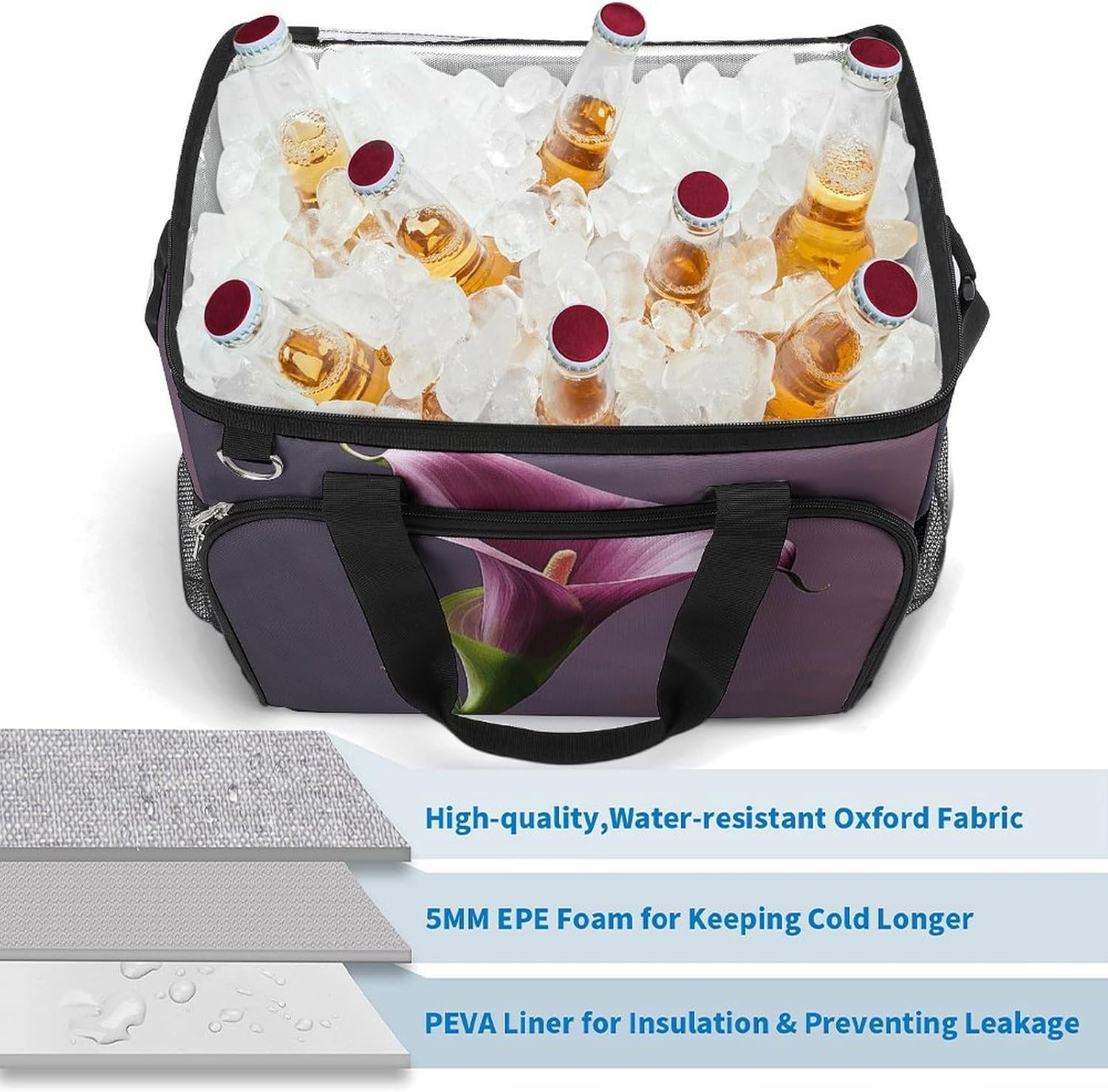Insulated Picnic Backpack Tote Bag, Large Capacity 30L Purple Calla Lily Cooler Bag Leakproof Beach Bags Portable Lunch Box Waterproof Picnic Basket for Beach Camping BBQ