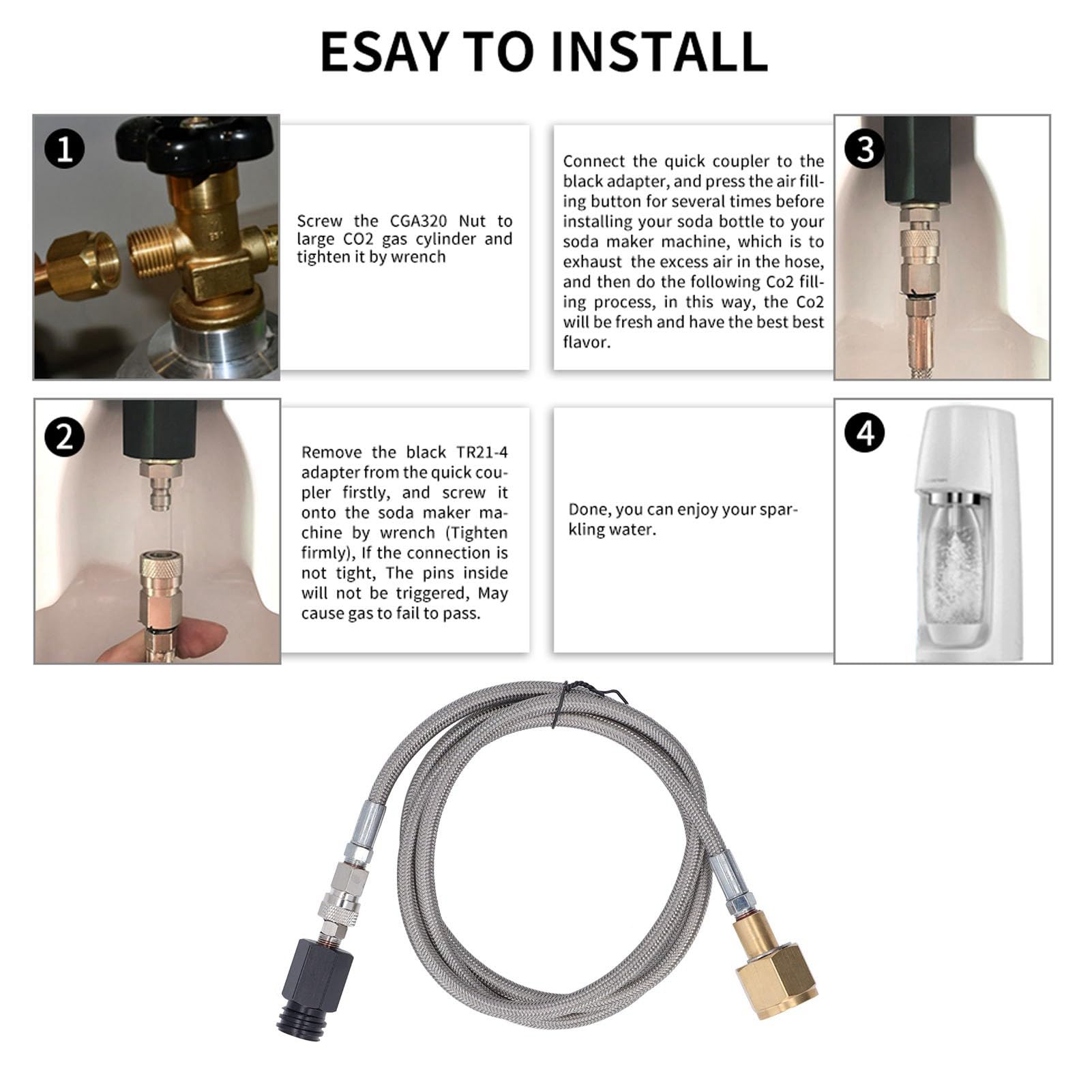 Alomejor Soda Refill Adapter with Durable 60in Hose (Wąż ze stali