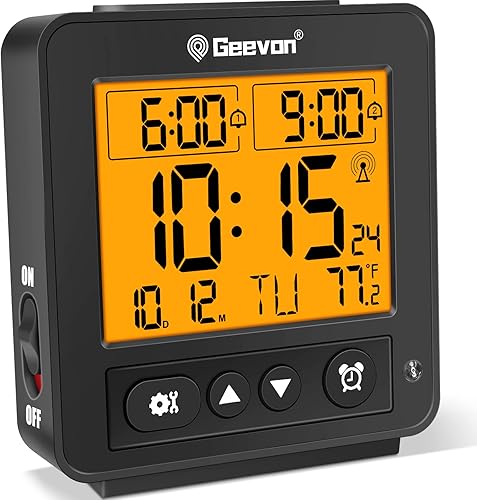 Miniatura 10 de Geevon Reloj despertador atómico de viaje con retroiluminación automática/8s, 2 ajustes de alarma, detección de temperatura, aumento de sonidos