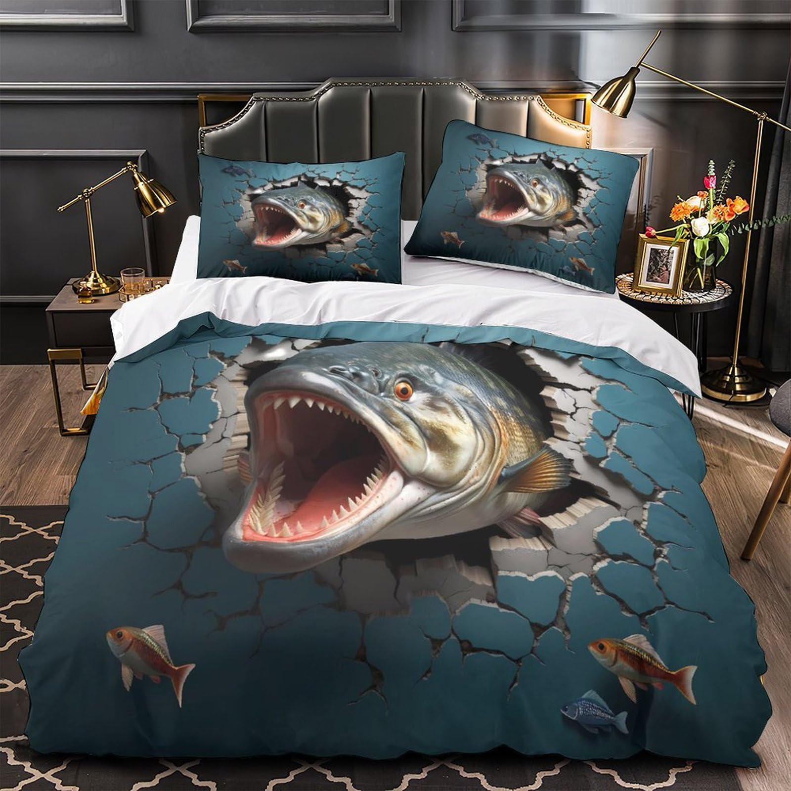 Parure de lit gros poissons housse de couette 135x200cm microfibre lit simple fille imprimé 3D