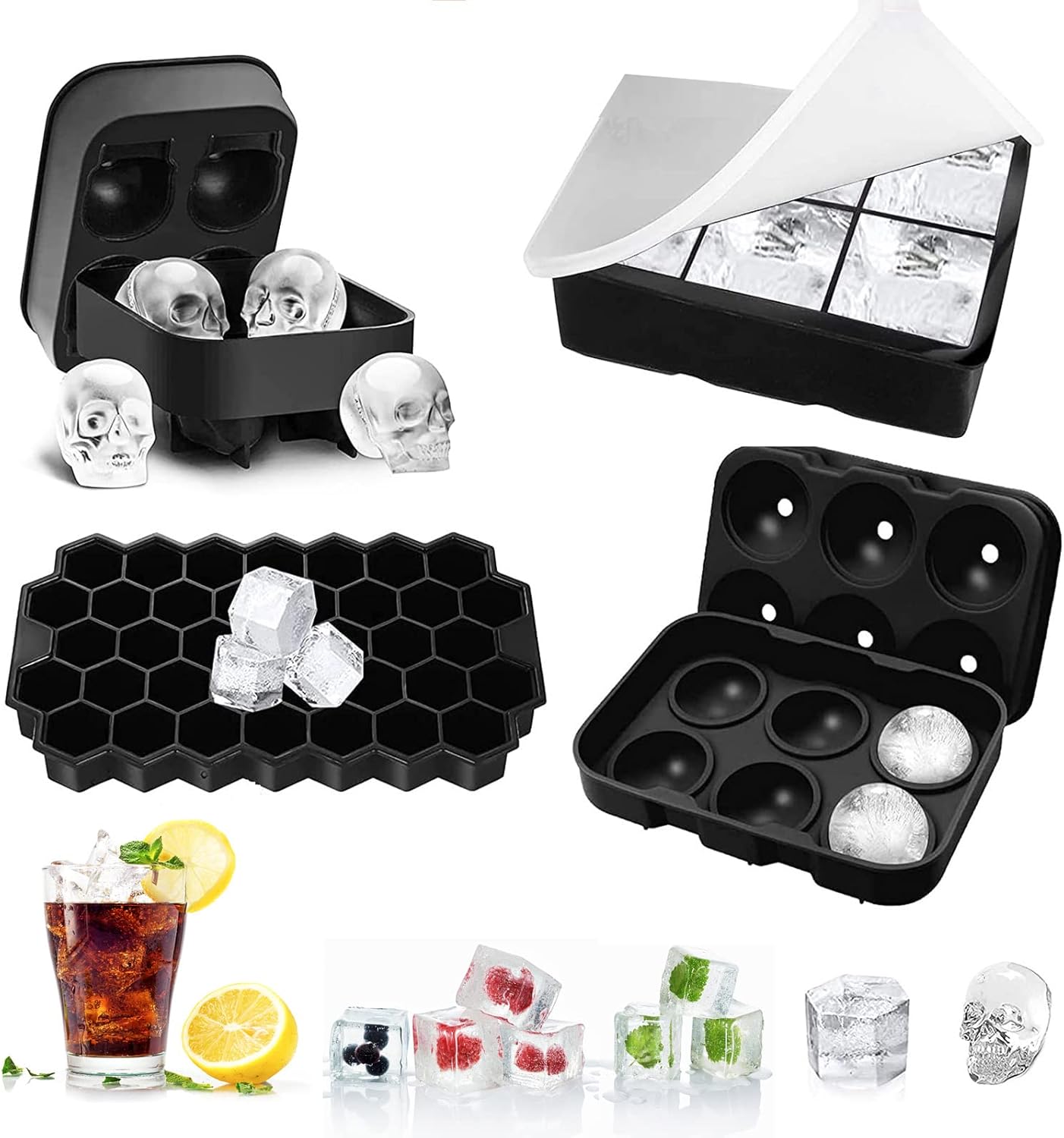 CLrkualn 4 Pack Ice Cube Trays 3D Skull Silicone, Ice Ball Maker Mold