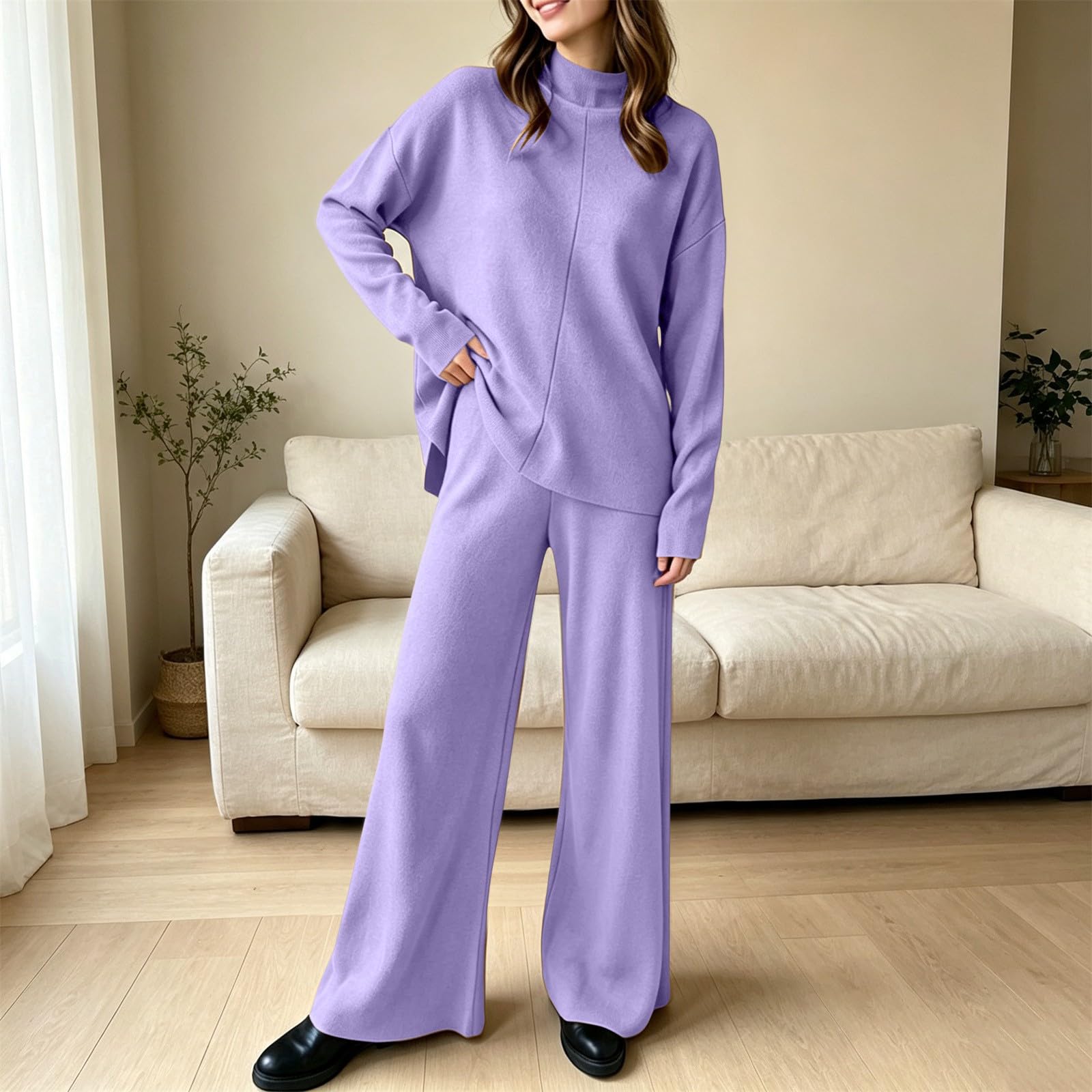 Set da donna in due pezzi, elegante, 2 pezzi, pantaloni lunghi ed eleganti | Maglia a collo alto, tinta unita, con pantaloni dritti, tuta per il tempo libero, morbida e confortevole, tinta unita